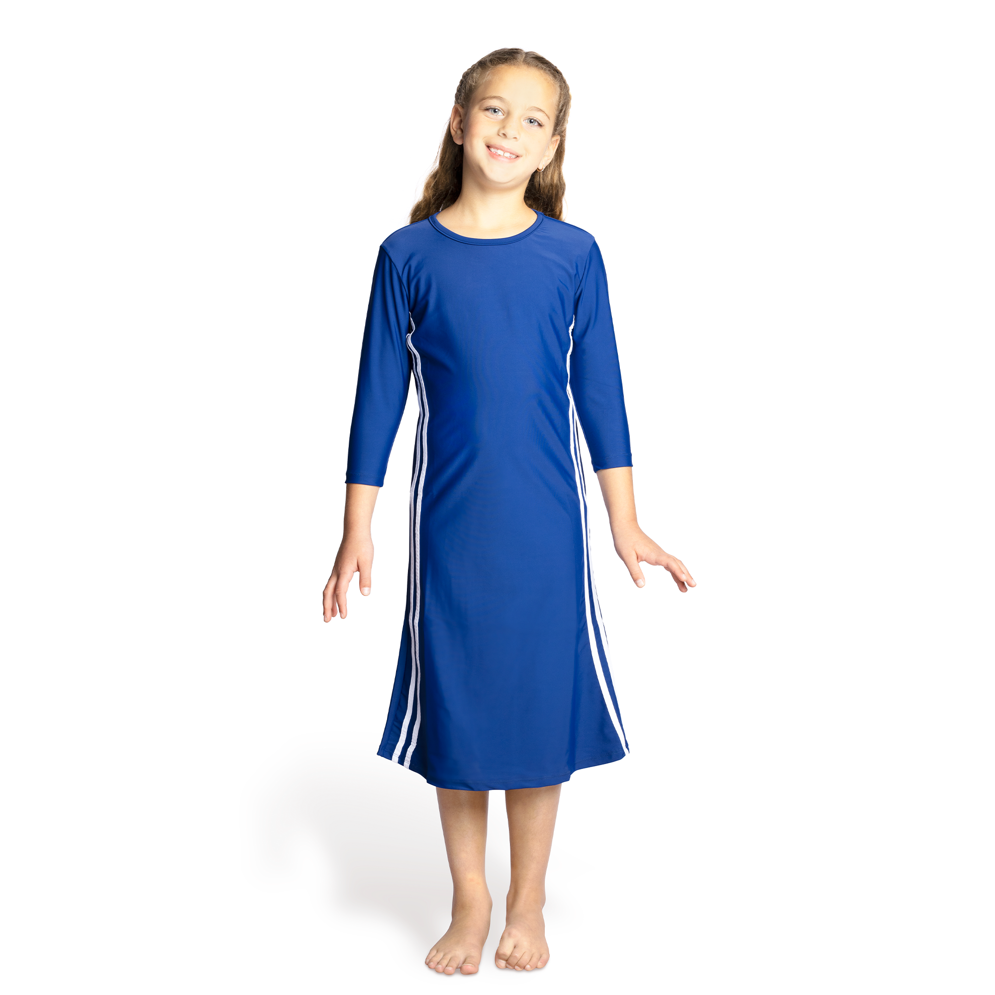 Girls Modest Tznius 3/4 Sleeve UPF 50+ Sun Protection bathing Suit Swimdress  (Reef in Navy Blue/White )