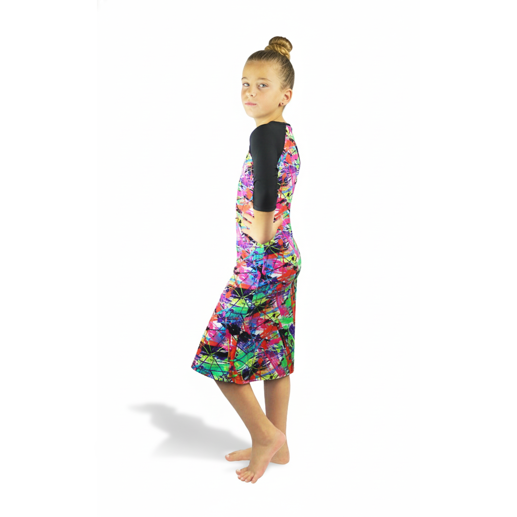 Girls Modest Tznius 3/4 Sleeve UPF 50+ Sun Protection bathing Suit Swimdress  (Aruba in Color Splash / Black Sleeves )