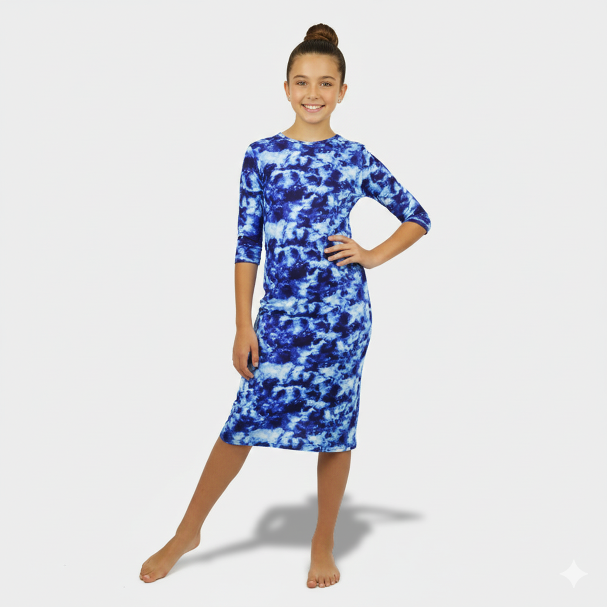 Girls Modest Tznius 3/4 Sleeve UPF 50+ Sun Protection bathing Suit Swimdress  (Batik in Blue Color )