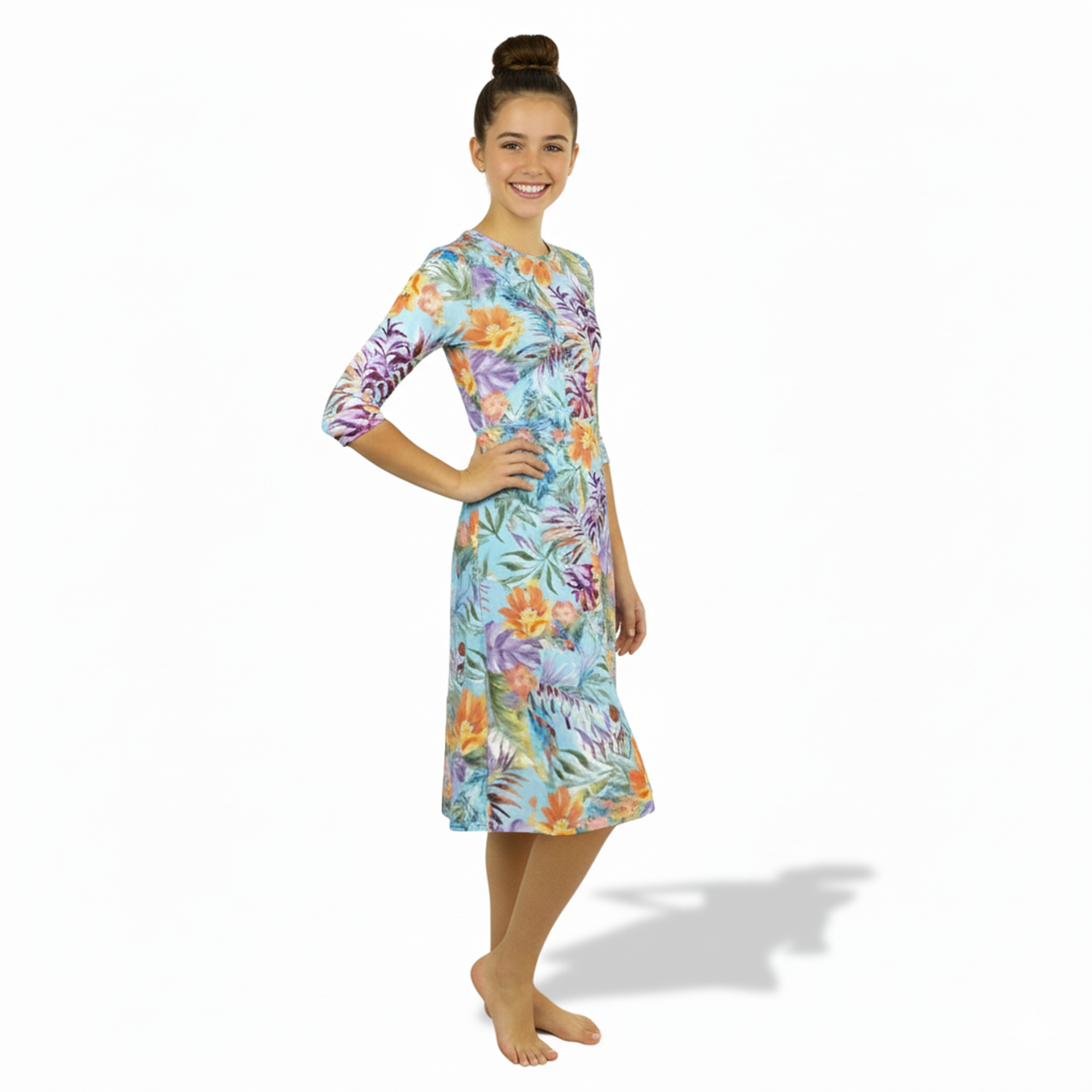 Girls Modest Tznius 3/4 Sleeve UPF 50+ Sun Protection bathing Suit Swimdress  (Light Colored Flowers)