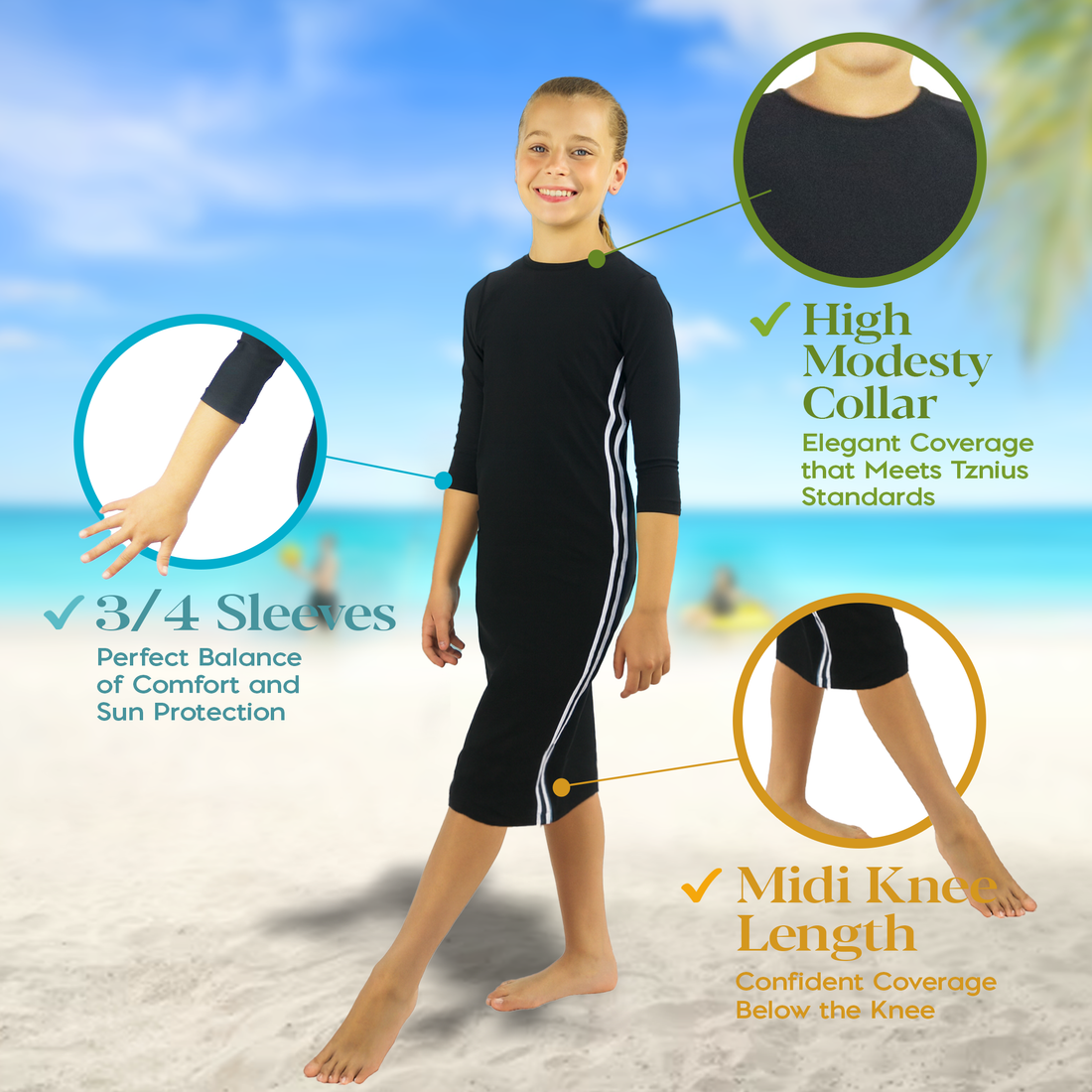 Girls Modest Tznius 3/4 Sleeve UPF 50+ Sun Protection bathing Suit Swimdress (Reef in Black / White)