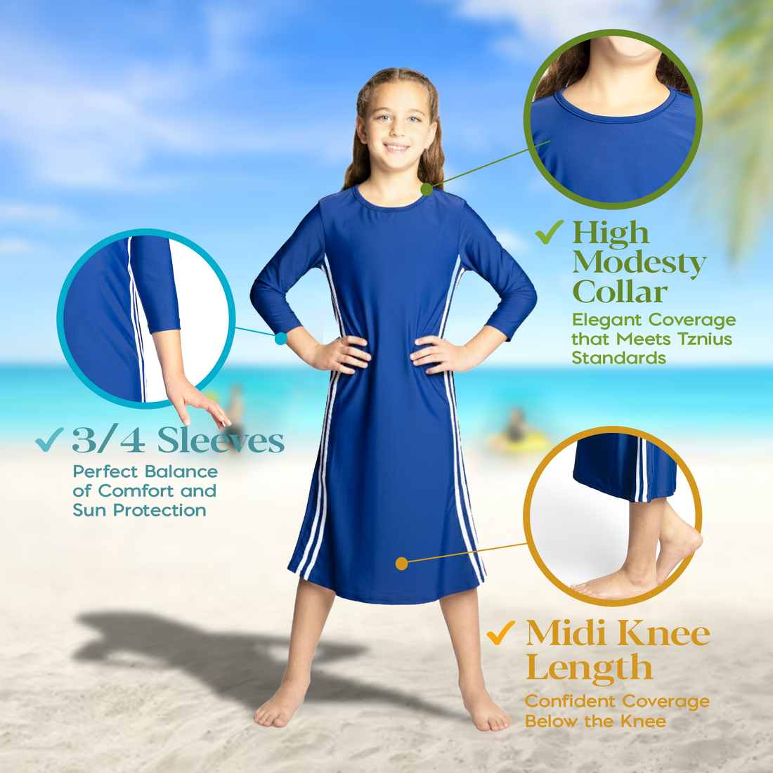 Girls Modest Tznius 3/4 Sleeve UPF 50+ Sun Protection bathing Suit Swimdress  (Reef in Navy Blue/White )