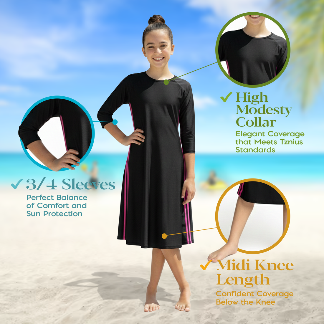 Girls Modest Tznius 3/4 Sleeve UPF 50+ Sun Protection bathing Suit Swimdress (Reef in Black / Fuchsia)