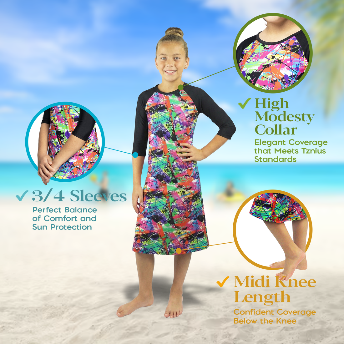 Girls Modest Tznius 3/4 Sleeve UPF 50+ Sun Protection bathing Suit Swimdress  (Aruba in Color Splash / Black Sleeves )