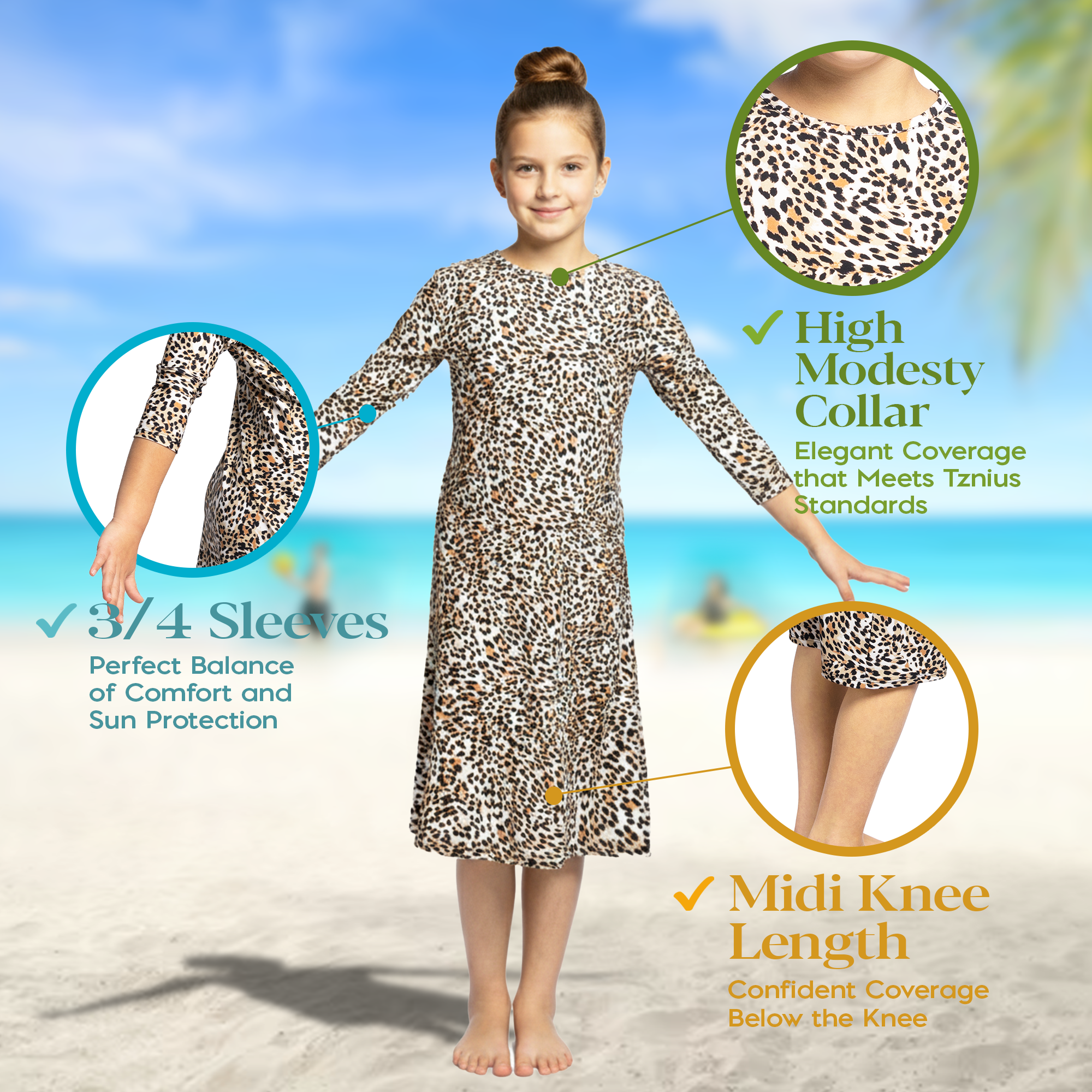 Girls Modest Tznius 3/4 Sleeve UPF 50+ Sun Protection Bathing Suit Swimdress (Animal Print )