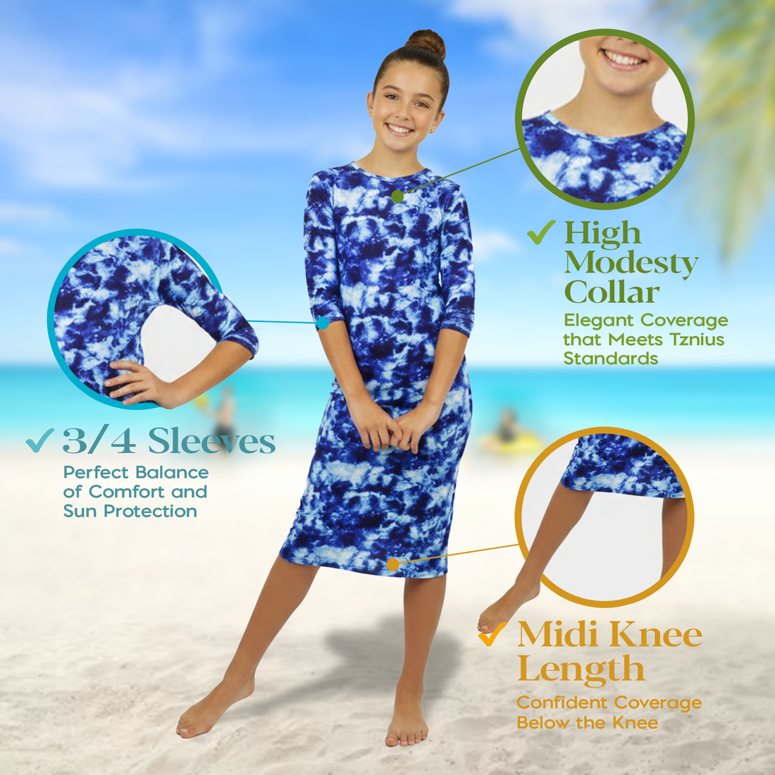 Girls Modest Tznius 3/4 Sleeve UPF 50+ Sun Protection bathing Suit Swimdress  (Batik in Blue Color )