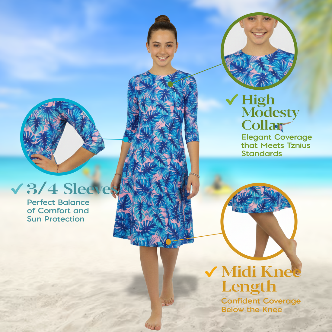 Girls Modest Tznius 3/4 Sleeve UPF 50+ Sun Protection bathing Suit Swimdress  (Miami in Blue Color )