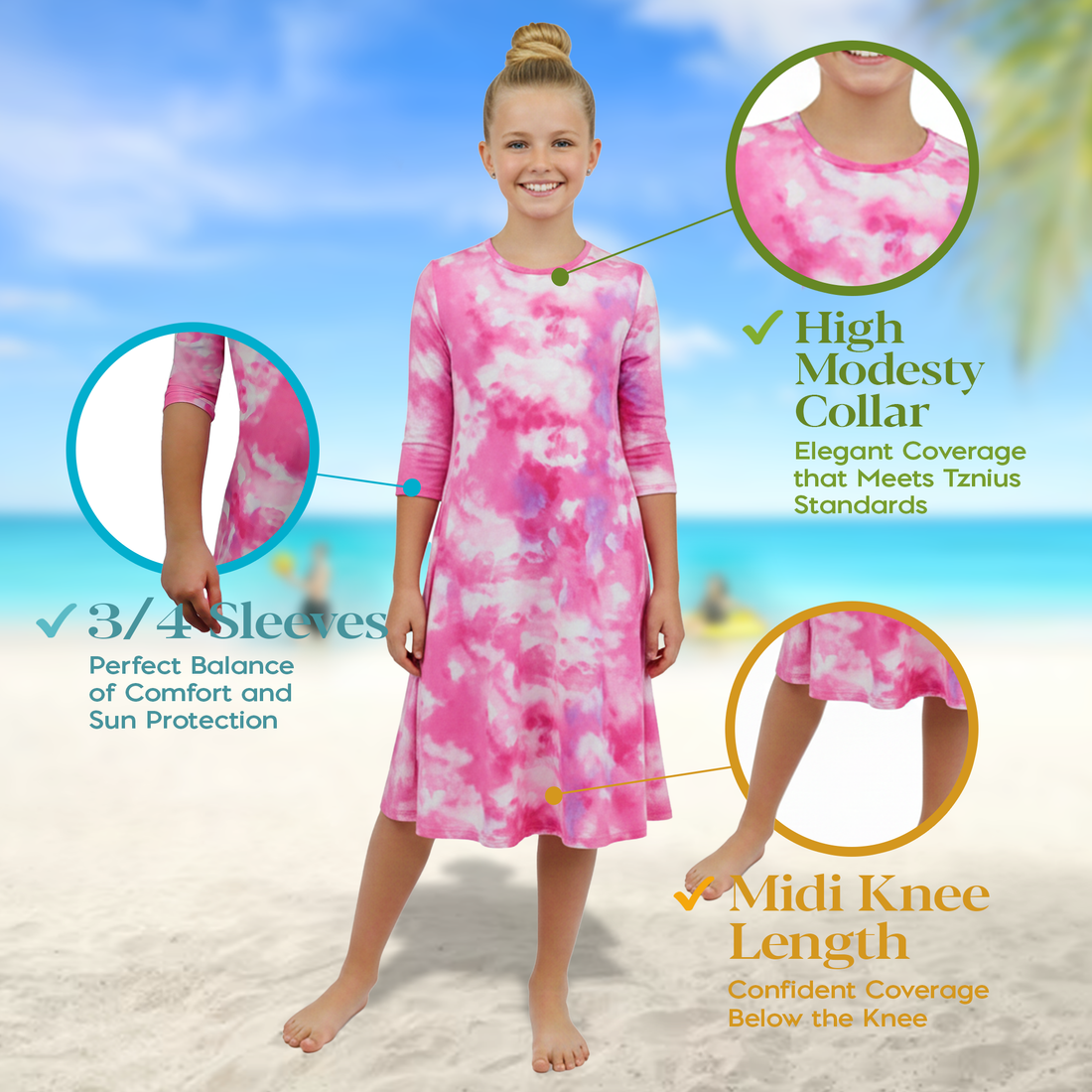 Girls Modest Tznius 3/4 Sleeve UPF 50+ Sun Protection bathing Suit Swimdress  (Batik in Pink Color )
