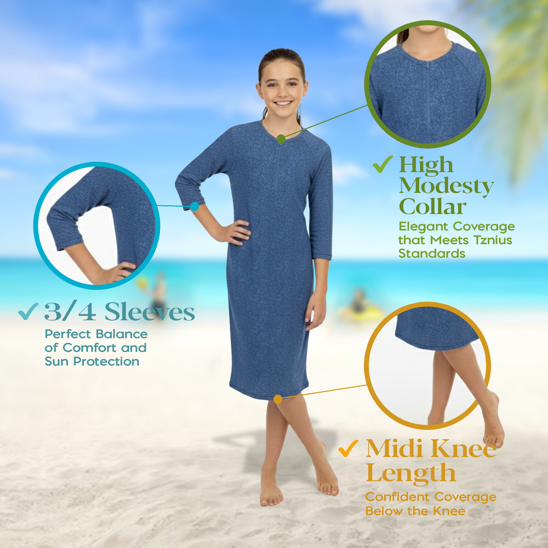 Girls Modest Tznius 3/4 Sleeve UPF 50+ Sun Protection bathing Suit Swimdress  (Simil Denim)