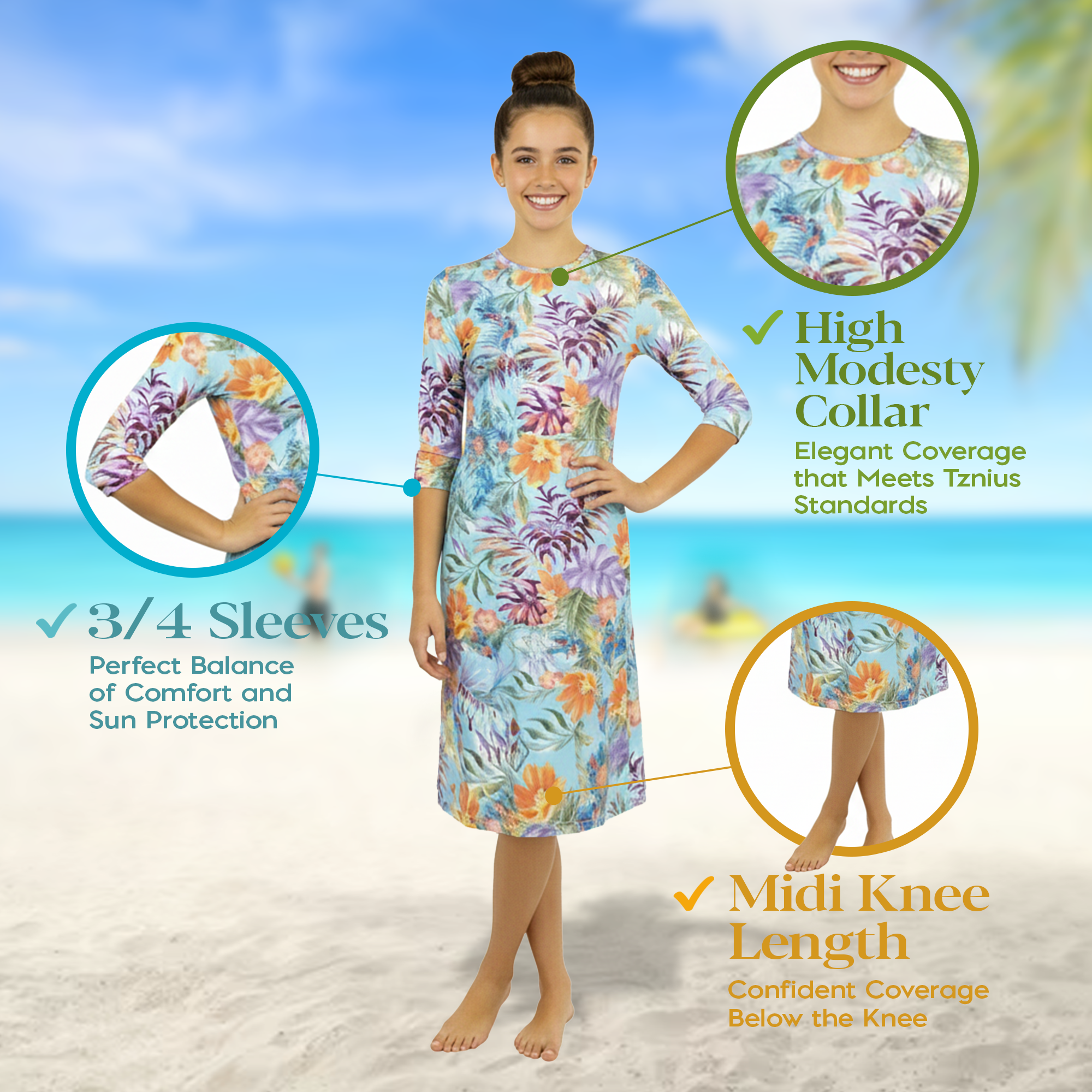 Girls Modest Tznius 3/4 Sleeve UPF 50+ Sun Protection bathing Suit Swimdress  (Light Colored Flowers)