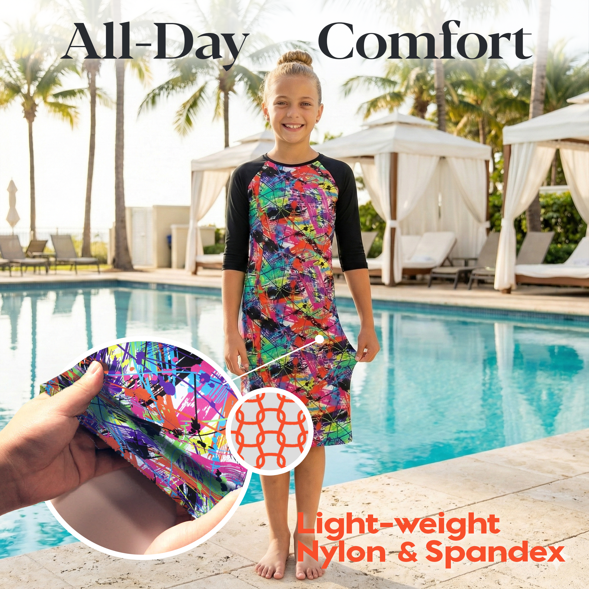 Girls Modest Tznius 3/4 Sleeve UPF 50+ Sun Protection bathing Suit Swimdress  (Aruba in Color Splash / Black Sleeves )