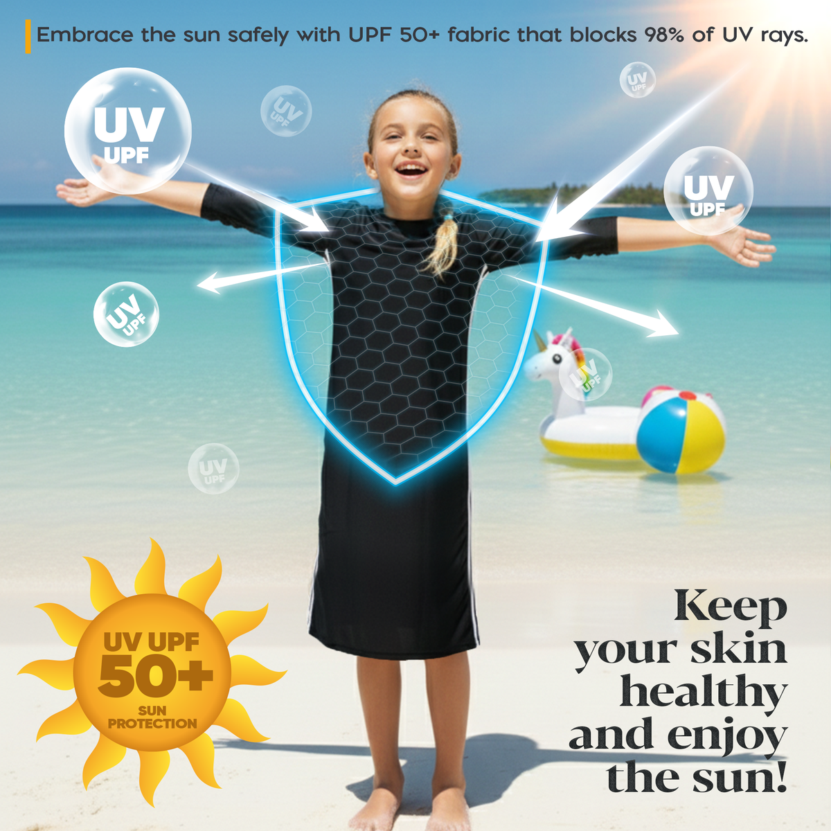 Girls Modest Tznius 3/4 Sleeve UPF 50+ Sun Protection bathing Suit Swimdress (Reef in Black / White)