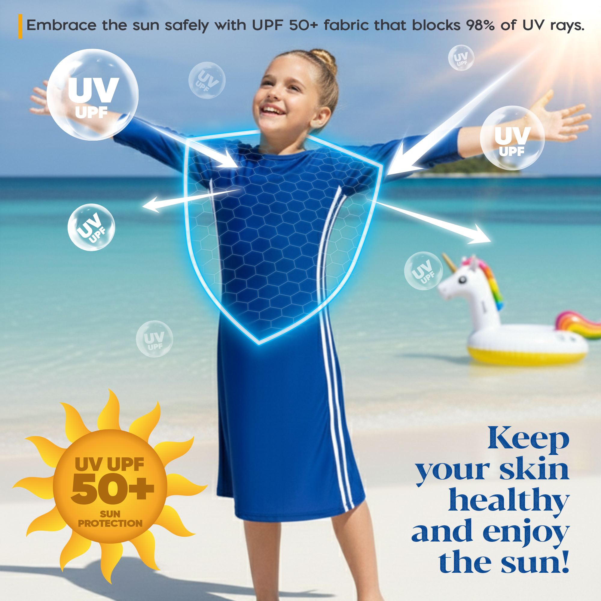 Girls Modest Tznius 3/4 Sleeve UPF 50+ Sun Protection bathing Suit Swimdress  (Reef in Navy Blue/White )