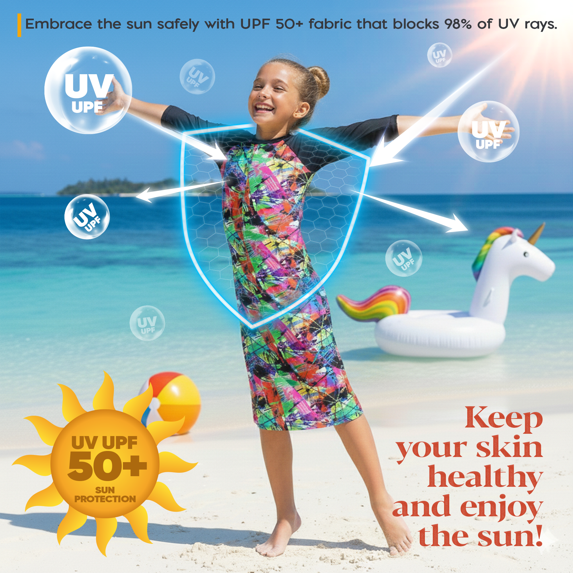 Girls Modest Tznius 3/4 Sleeve UPF 50+ Sun Protection bathing Suit Swimdress  (Aruba in Color Splash / Black Sleeves )