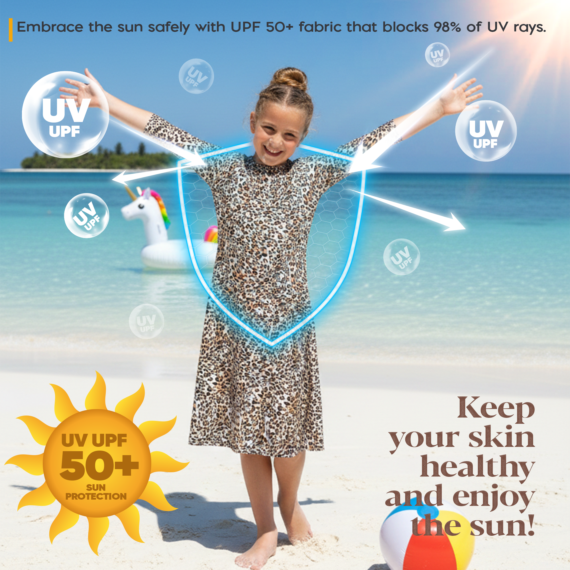 Girls Modest Tznius 3/4 Sleeve UPF 50+ Sun Protection Bathing Suit Swimdress (Animal Print )