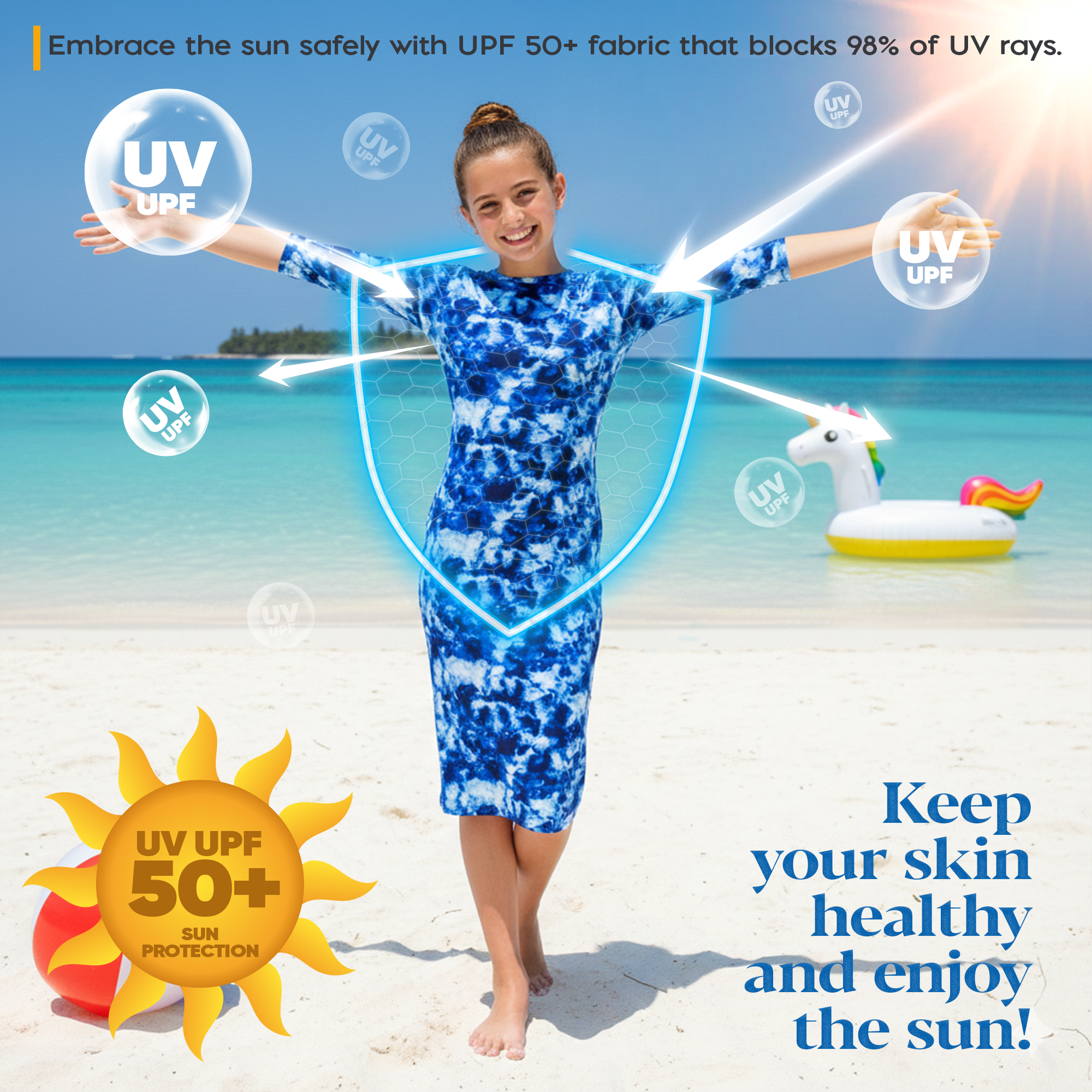 Girls Modest Tznius 3/4 Sleeve UPF 50+ Sun Protection bathing Suit Swimdress  (Batik in Blue Color )