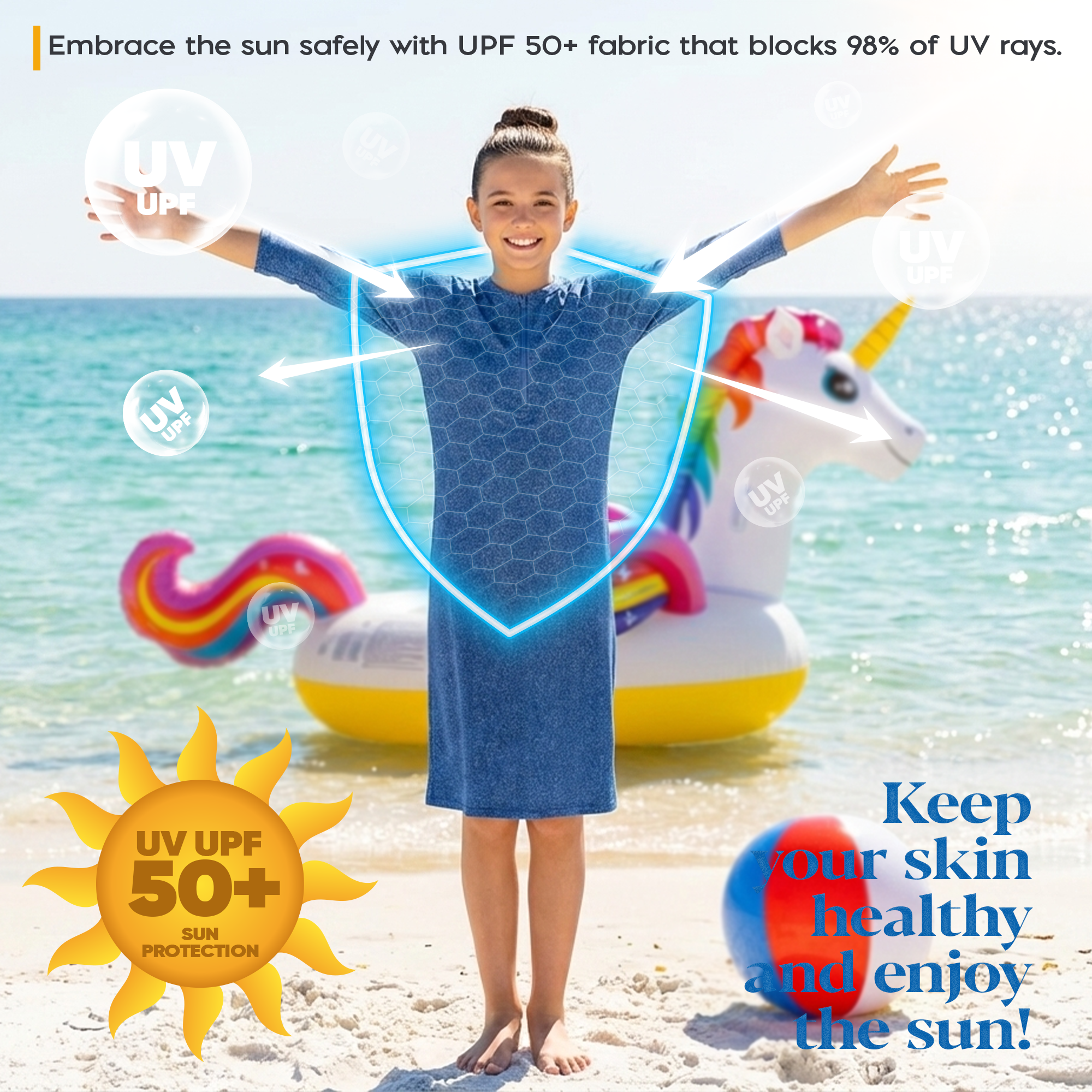 Girls Modest Tznius 3/4 Sleeve UPF 50+ Sun Protection bathing Suit Swimdress  (Simil Denim)