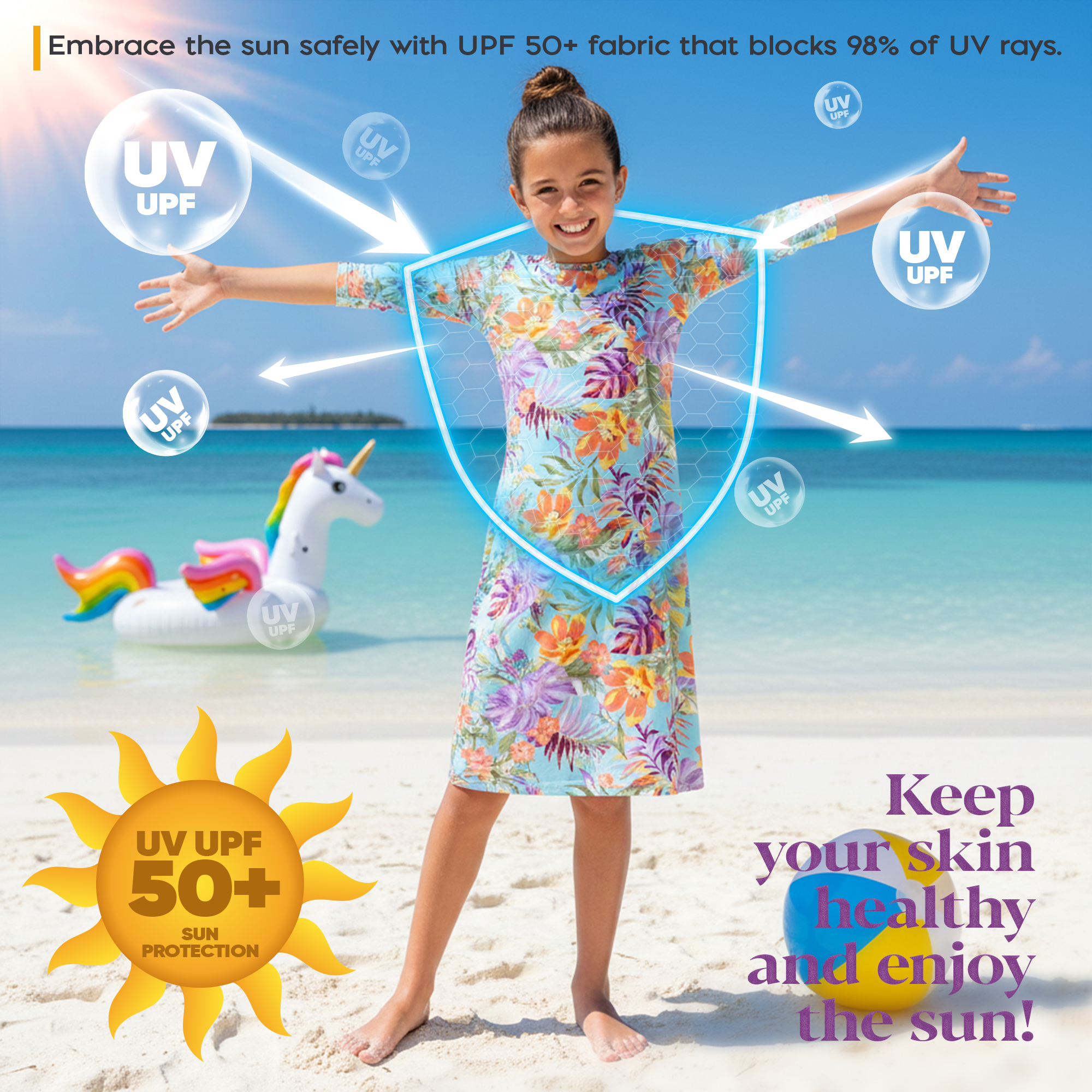 Girls Modest Tznius 3/4 Sleeve UPF 50+ Sun Protection bathing Suit Swimdress  (Light Colored Flowers)