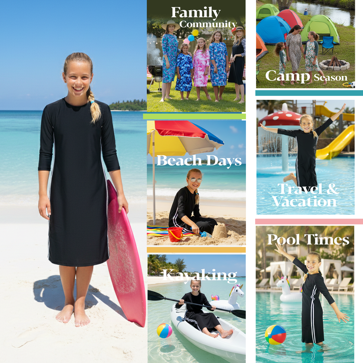 Girls Modest Tznius 3/4 Sleeve UPF 50+ Sun Protection bathing Suit Swimdress (Reef in Black / White)