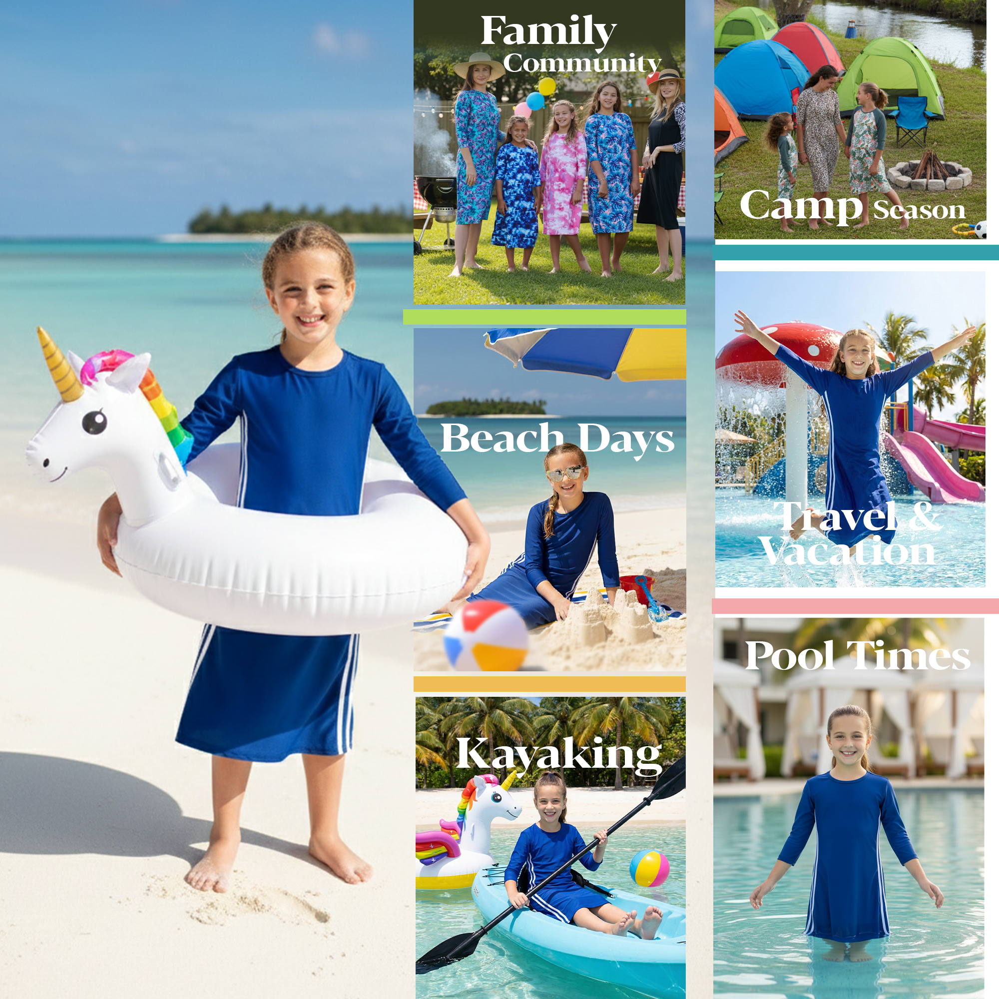 Girls Modest Tznius 3/4 Sleeve UPF 50+ Sun Protection bathing Suit Swimdress  (Reef in Navy Blue/White )