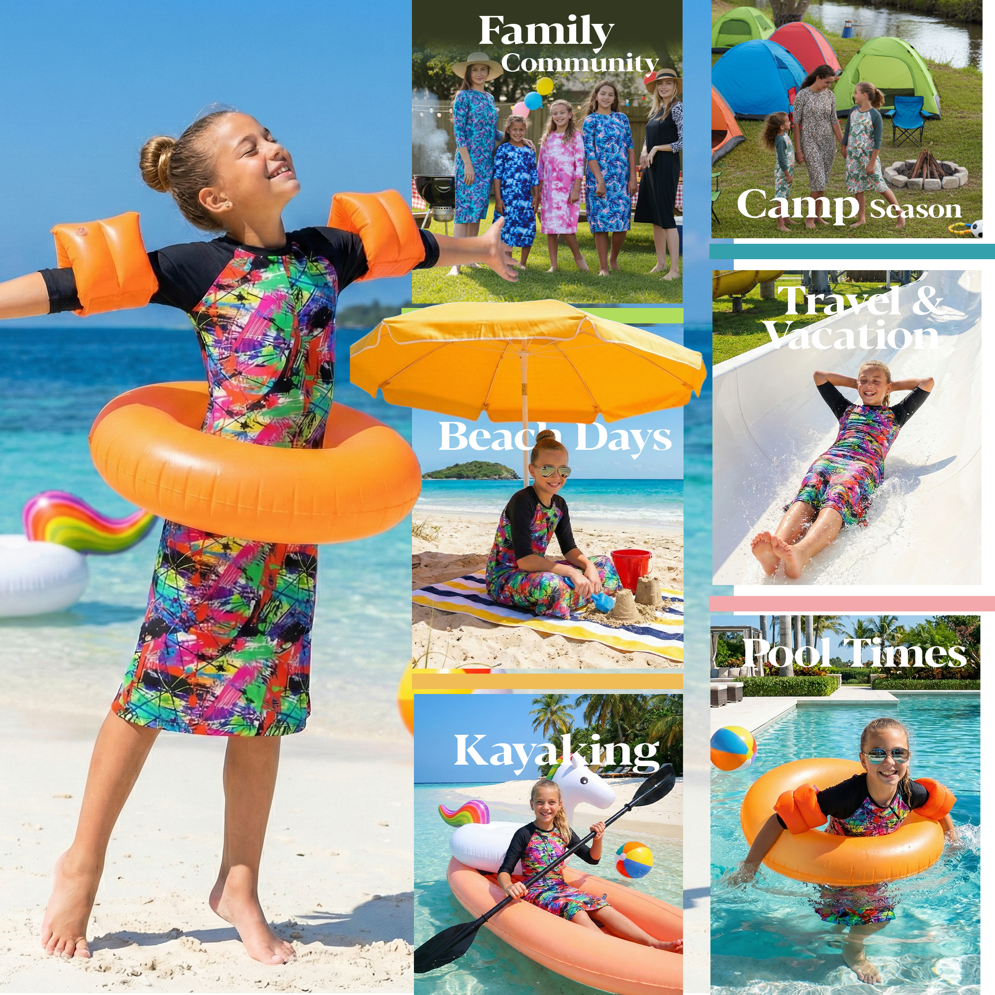 Girls Modest Tznius 3/4 Sleeve UPF 50+ Sun Protection bathing Suit Swimdress  (Aruba in Color Splash / Black Sleeves )