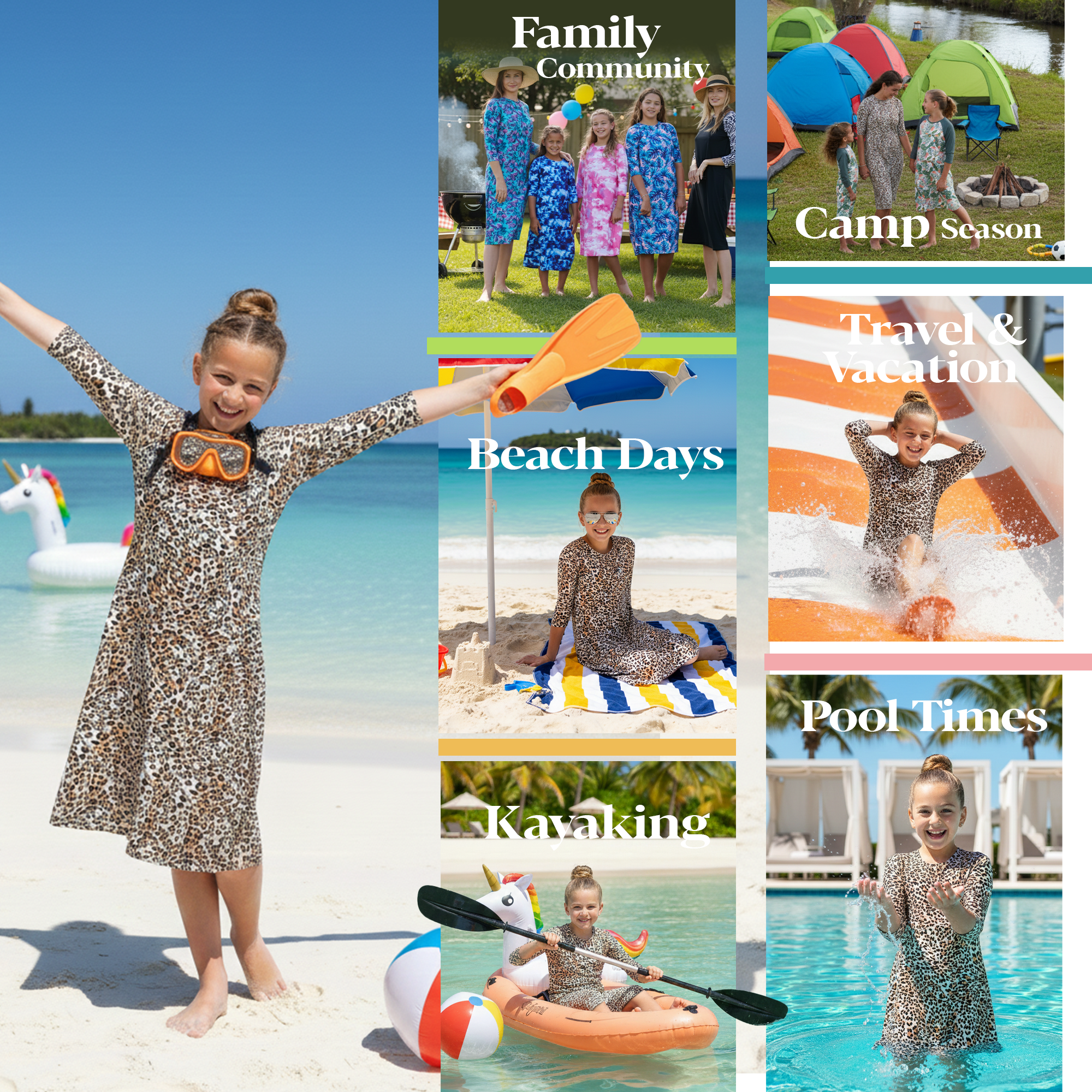 Girls Modest Tznius 3/4 Sleeve UPF 50+ Sun Protection Bathing Suit Swimdress (Animal Print )