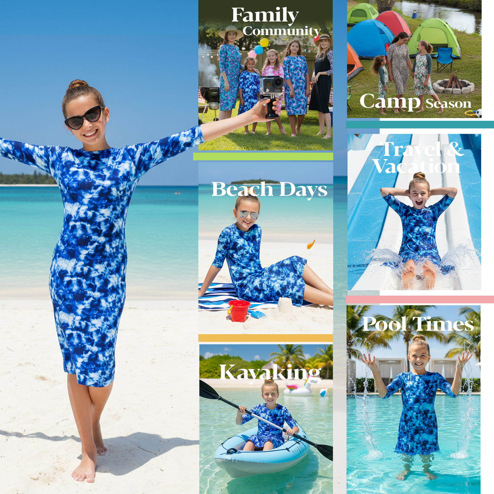 Girls Modest Tznius 3/4 Sleeve UPF 50+ Sun Protection bathing Suit Swimdress  (Batik in Blue Color )