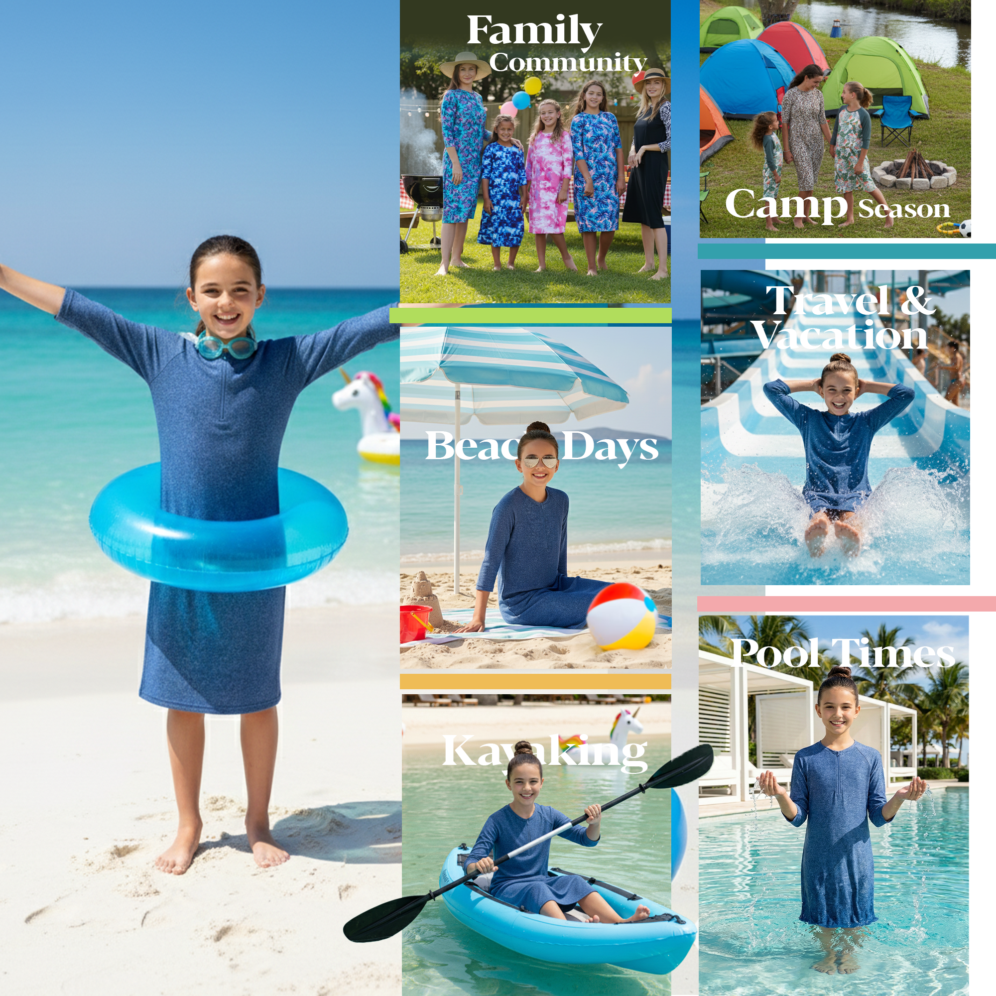 Girls Modest Tznius 3/4 Sleeve UPF 50+ Sun Protection bathing Suit Swimdress  (Simil Denim)