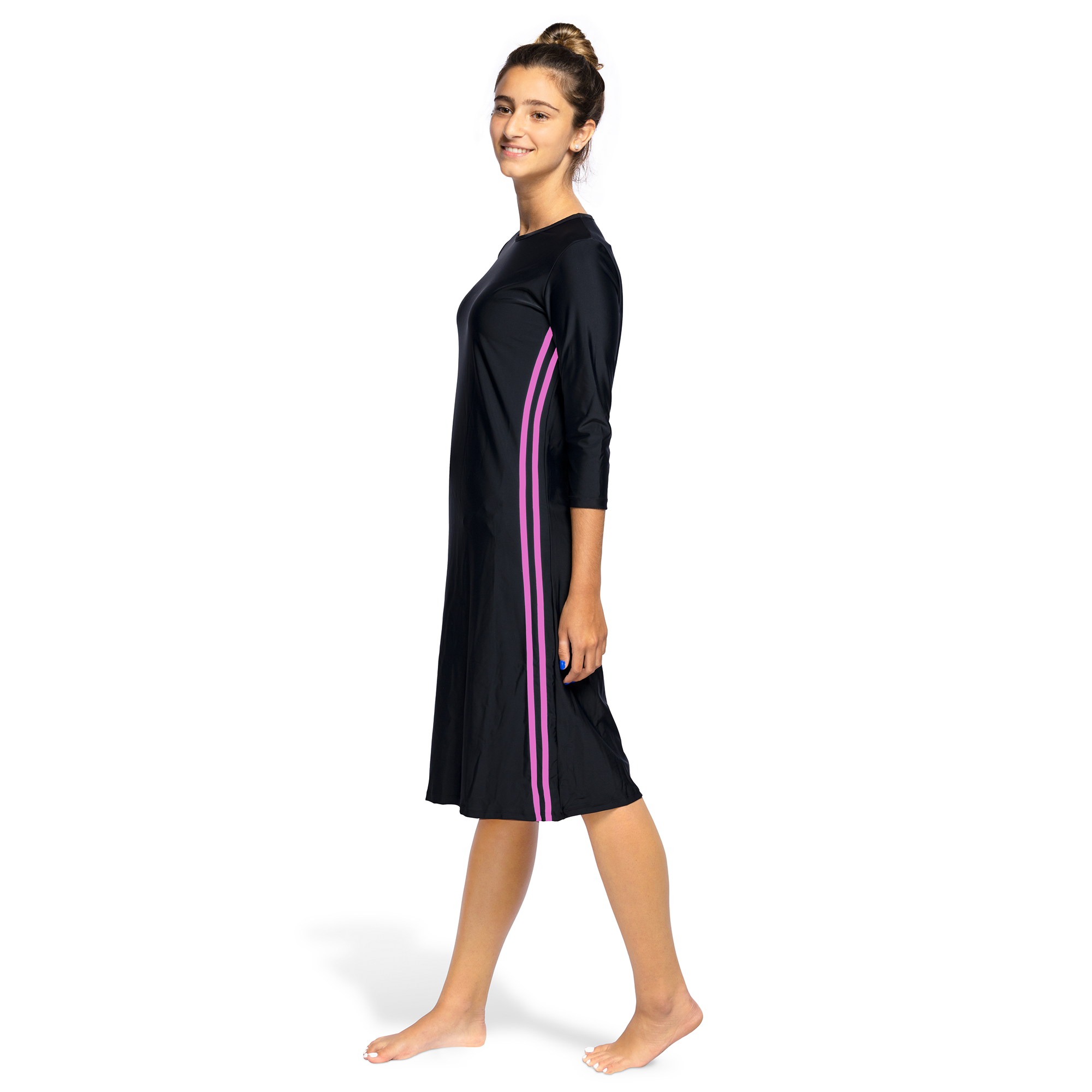 Woman Modest Tznius 3/4 Sleeve Athletic Swimdress Beach Cover up UPF 50+ Sun Protection (Reef in Black / Fuchsia)