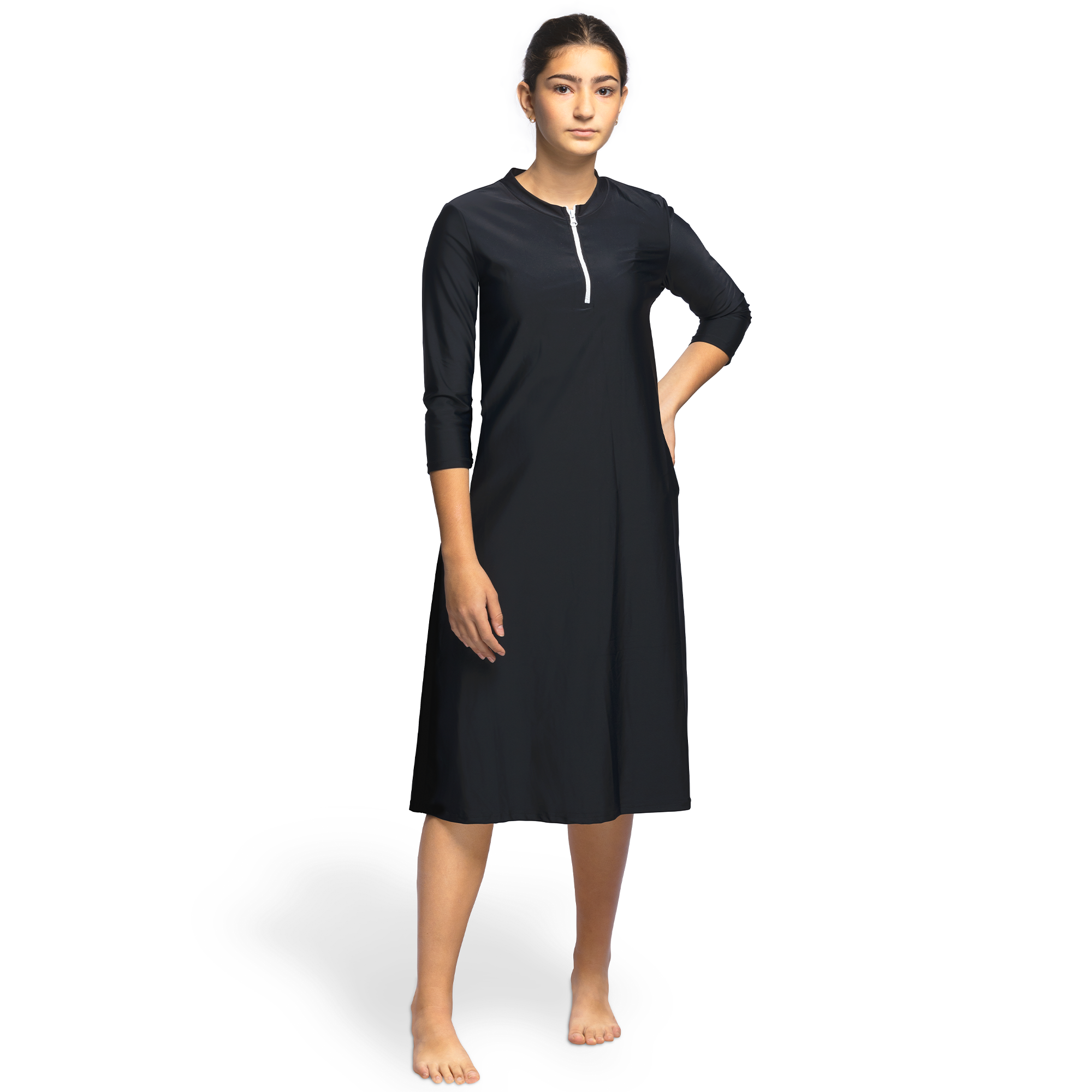 Woman Modest Tznius 3/4 Sleeve Athletic Swimdress Beach Cover up UPF 50+ Sun Protection (Bali in Black / White Zipper)
