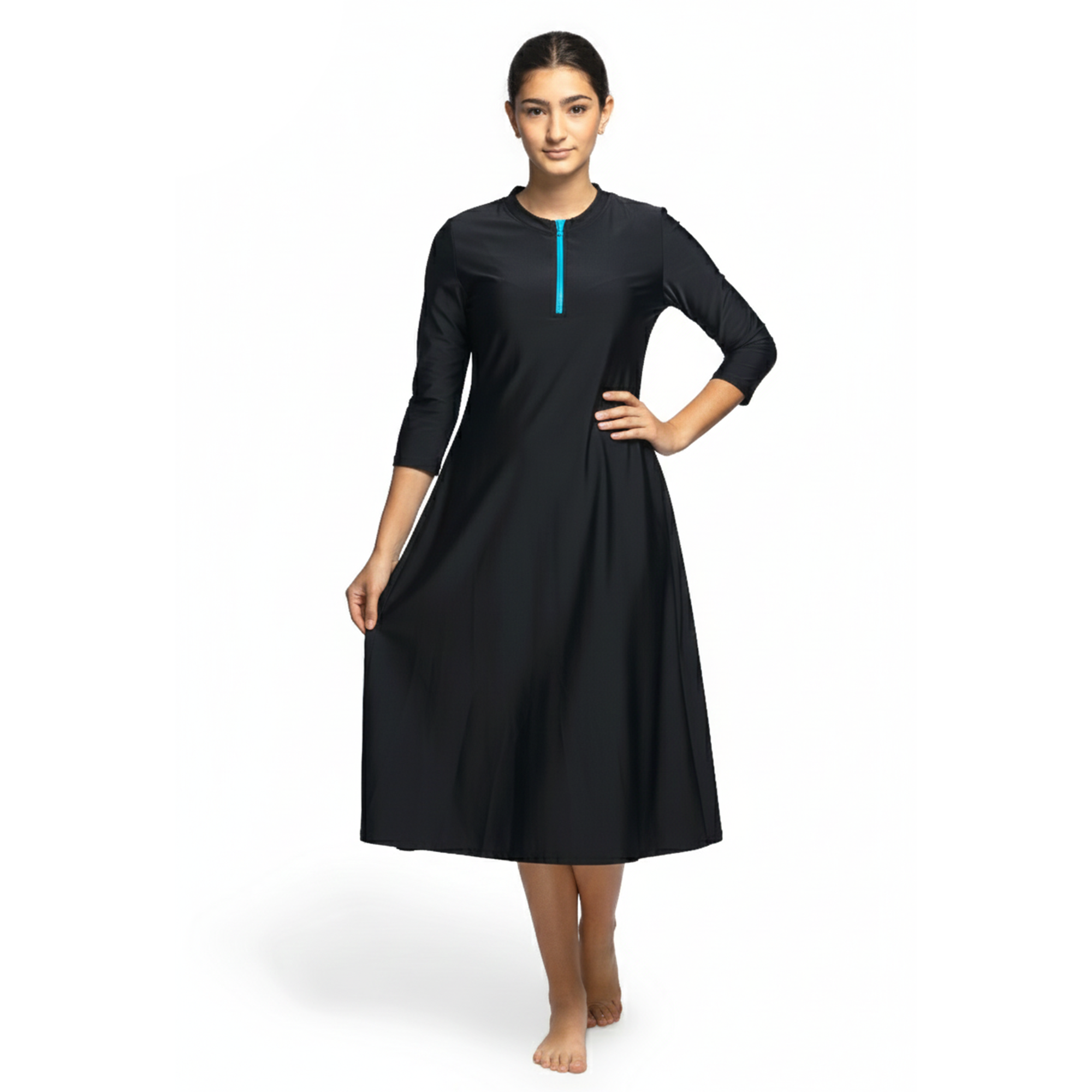 Woman Modest Tznius 3/4 Sleeve Athletic Swimdress Beach Cover up UPF 50+ Sun Protection (Bali in Black / Aqua Zipper)