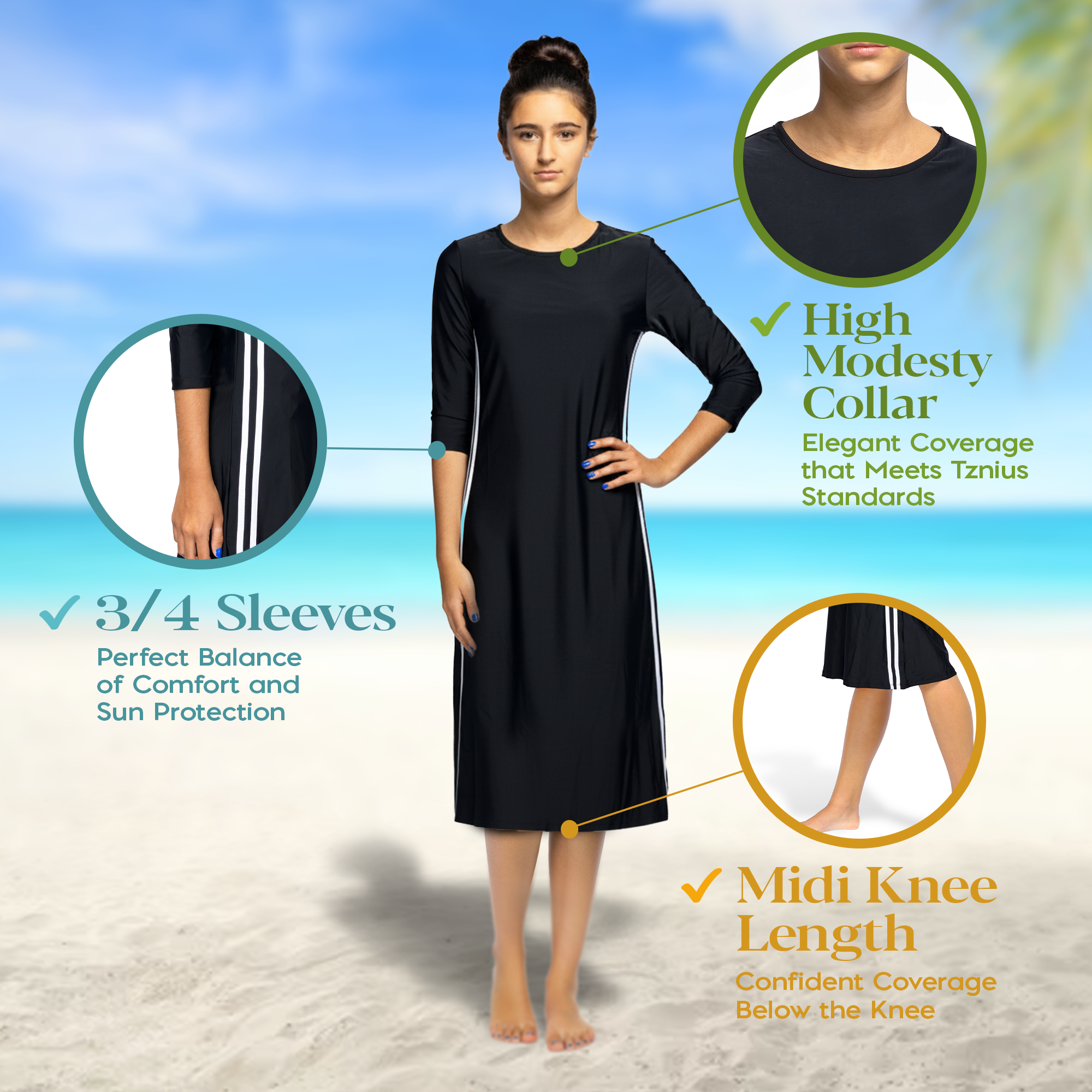 Woman Modest Tznius 3/4 Sleeve Athletic Swimdress Beach Cover up UPF 50+ Sun Protection (Reef in Black / White)