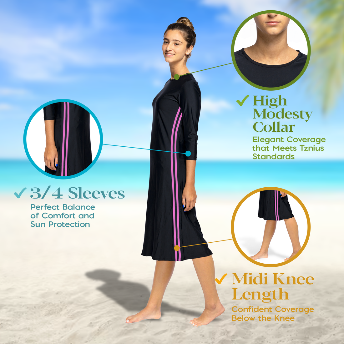 Woman Modest Tznius 3/4 Sleeve Athletic Swimdress Beach Cover up UPF 50+ Sun Protection (Reef in Black / Fuchsia)