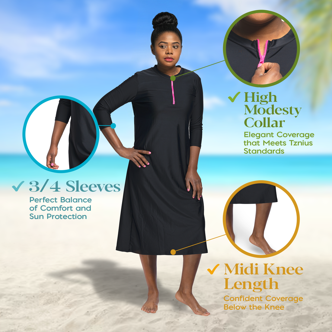 Woman Modest Tznius 3/4 Sleeve Athletic Swimdress Beach Cover up UPF 50+ Sun Protection (Bali in Black / Fuchsia Zipper )