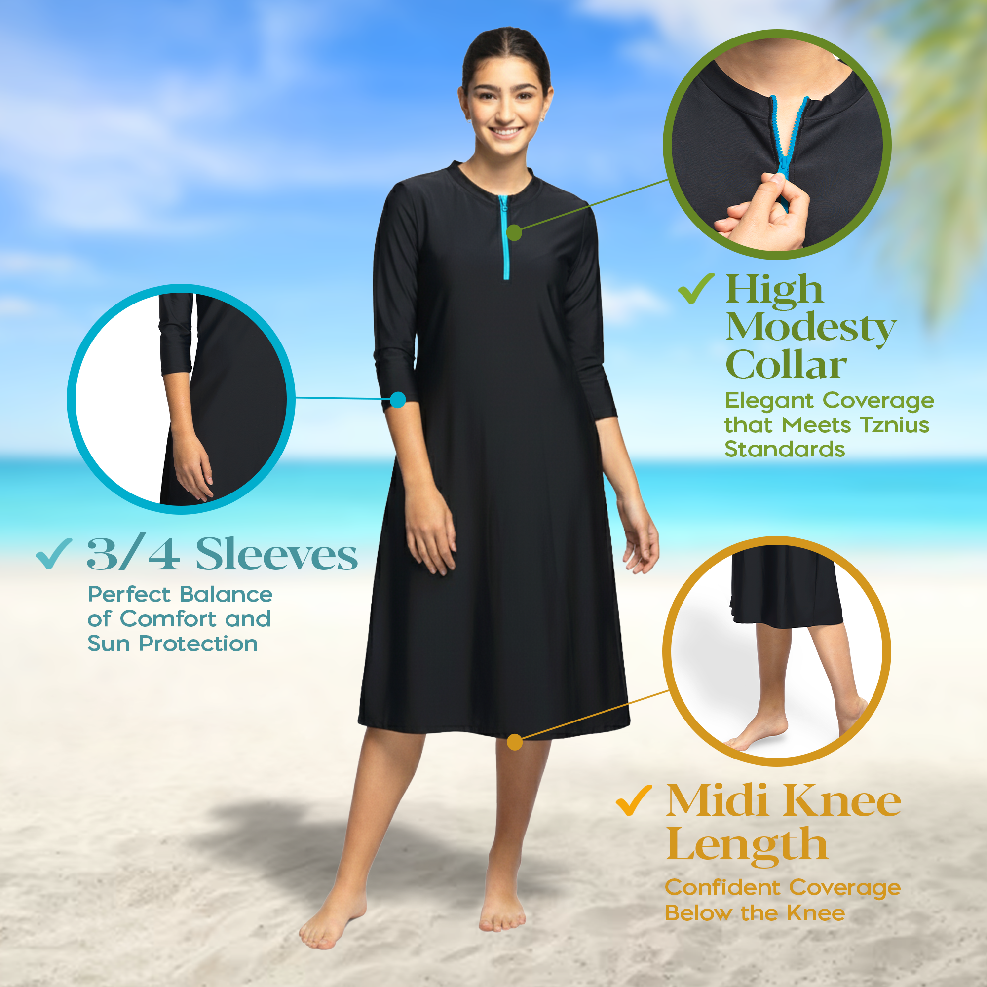 Woman Modest Tznius 3/4 Sleeve Athletic Swimdress Beach Cover up UPF 50+ Sun Protection (Bali in Black / Aqua Zipper)