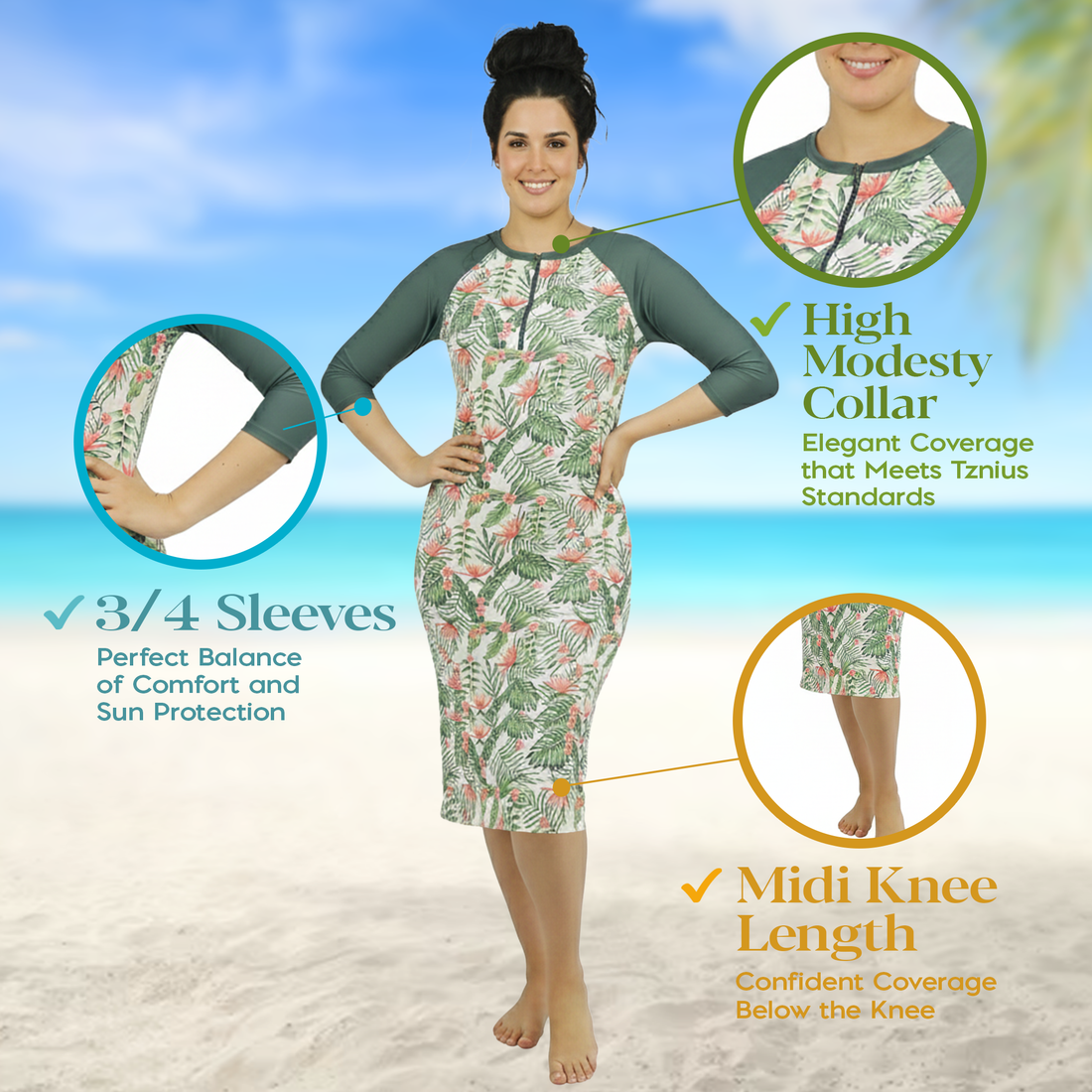 Woman Modest Tznius 3/4 Raglan Sleeve Athletic Swimdress Beach Cover up UPF 50+ Sun Protection (Acapulco in Color / Green sleeves)