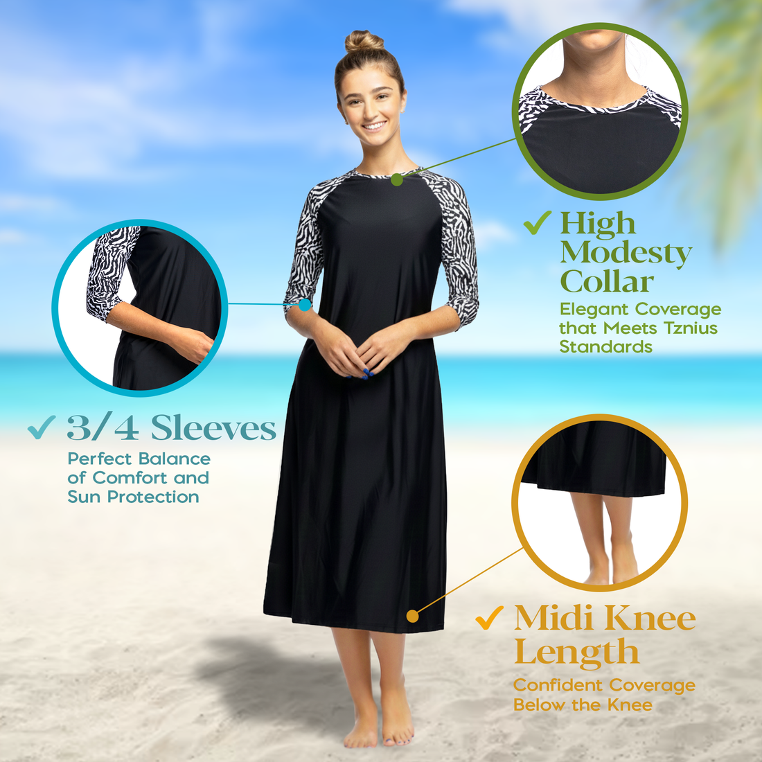 Woman Modest Tznius 3/4 Raglan Sleeve Athletic Swimdress Beach Cover up UPF 50+ Sun Protection (Aruba in Black / Zebra Sleeves)