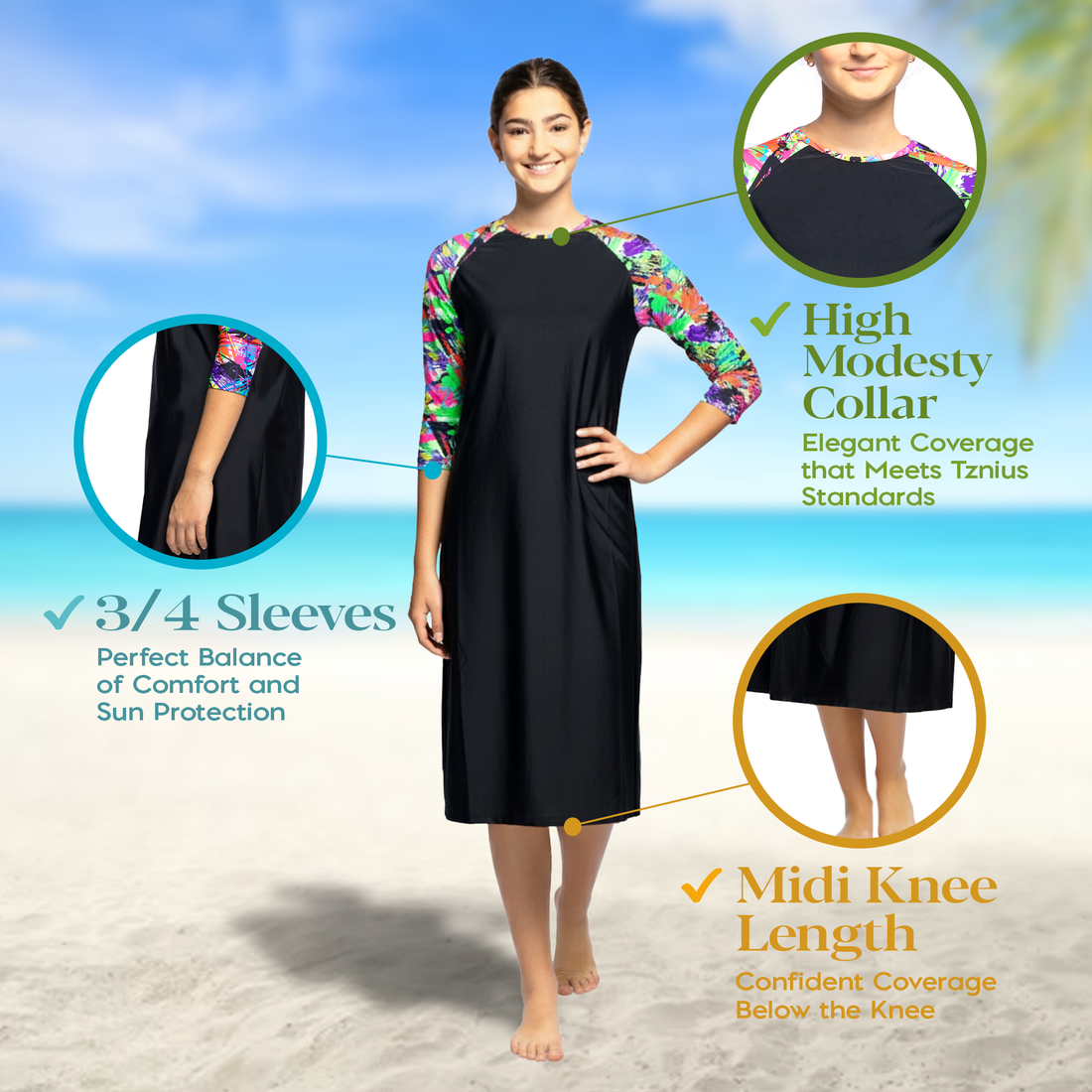 Woman Modest Tznius 3/4 Raglan Sleeve Athletic Swimdress Beach Cover up UPF 50+ Sun Protection (Aruba in Black / Color Splash Sleeves)