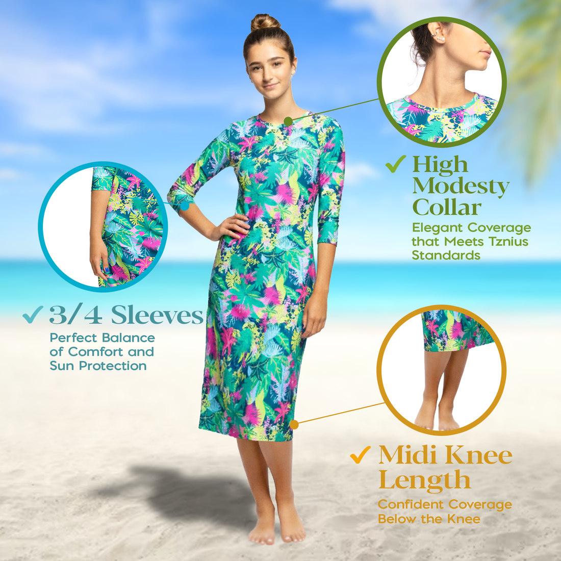 Woman Modest Tznius 3/4 Sleeves Athletic Swimdress Beach Cover up UPF 50+ Sun Protection (Amazonas Print )