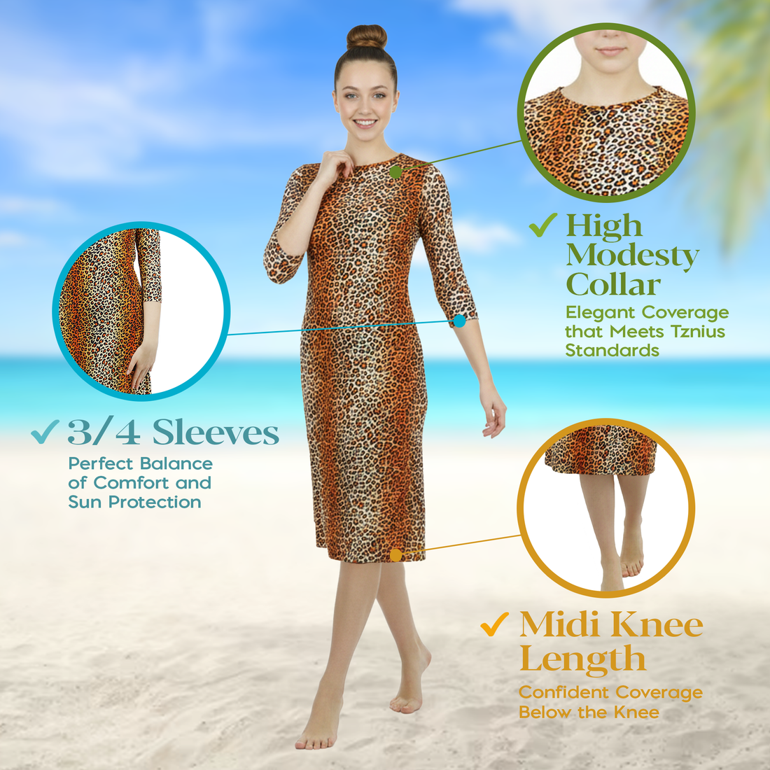 Woman Modest Tznius 3/4 Sleeves Athletic Swimdress Beach Cover up UPF 50+ Sun Protection (Animal Print )