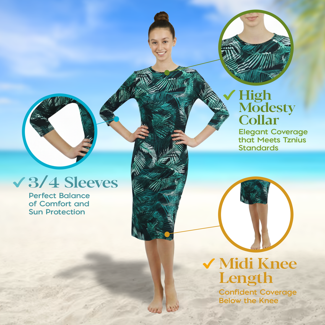 Woman Modest Tznius 3/4 Sleeve Athletic Swimdress Beach Cover up UPF 50+ Sun Protection (Santorini Print )