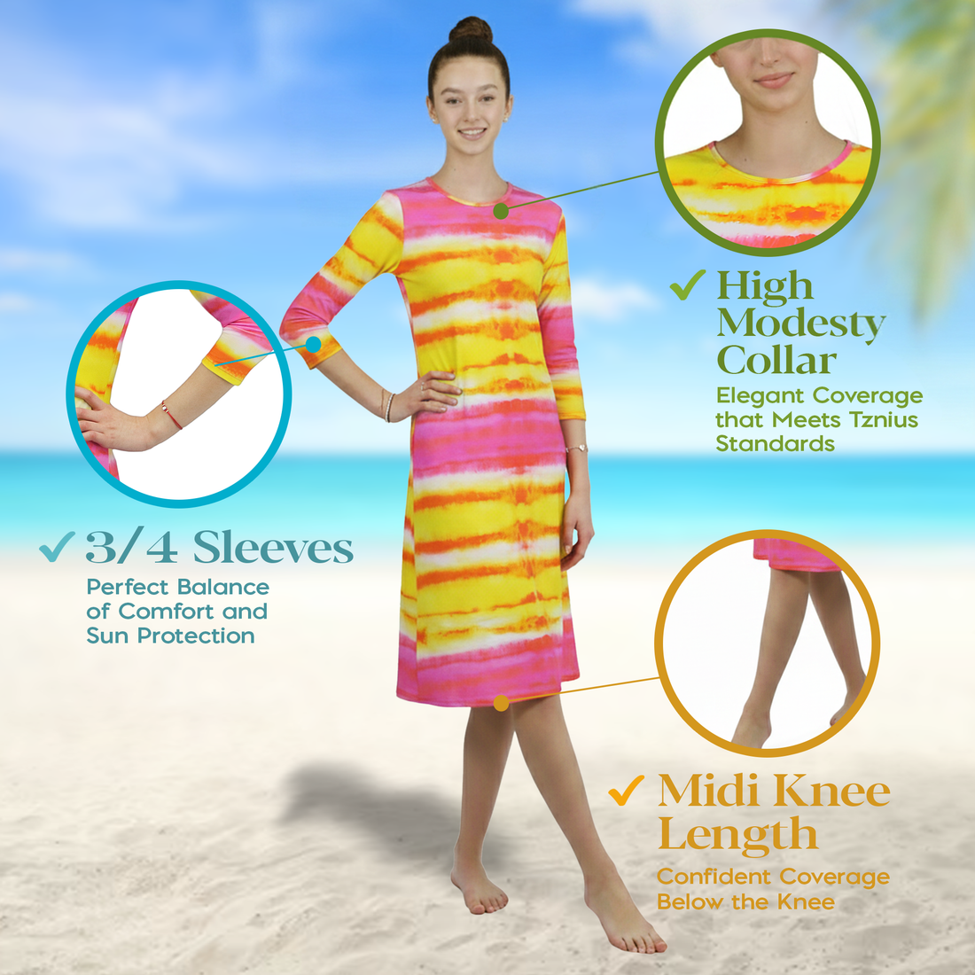 Woman Modest Tznius 3/4 Sleeve Athletic Swimdress Beach Cover up UPF 50+ Sun Protection ( Batik Yellow & Fuchsia)