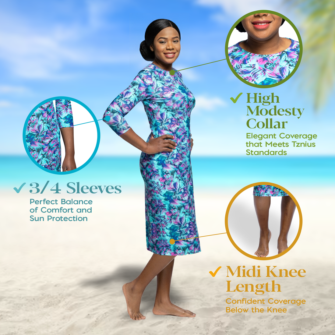 Woman Modest Tznius 3/4 Sleeve Athletic Swimdress Beach Cover up UPF 50+ Sun Protection (Bora Bora Print)