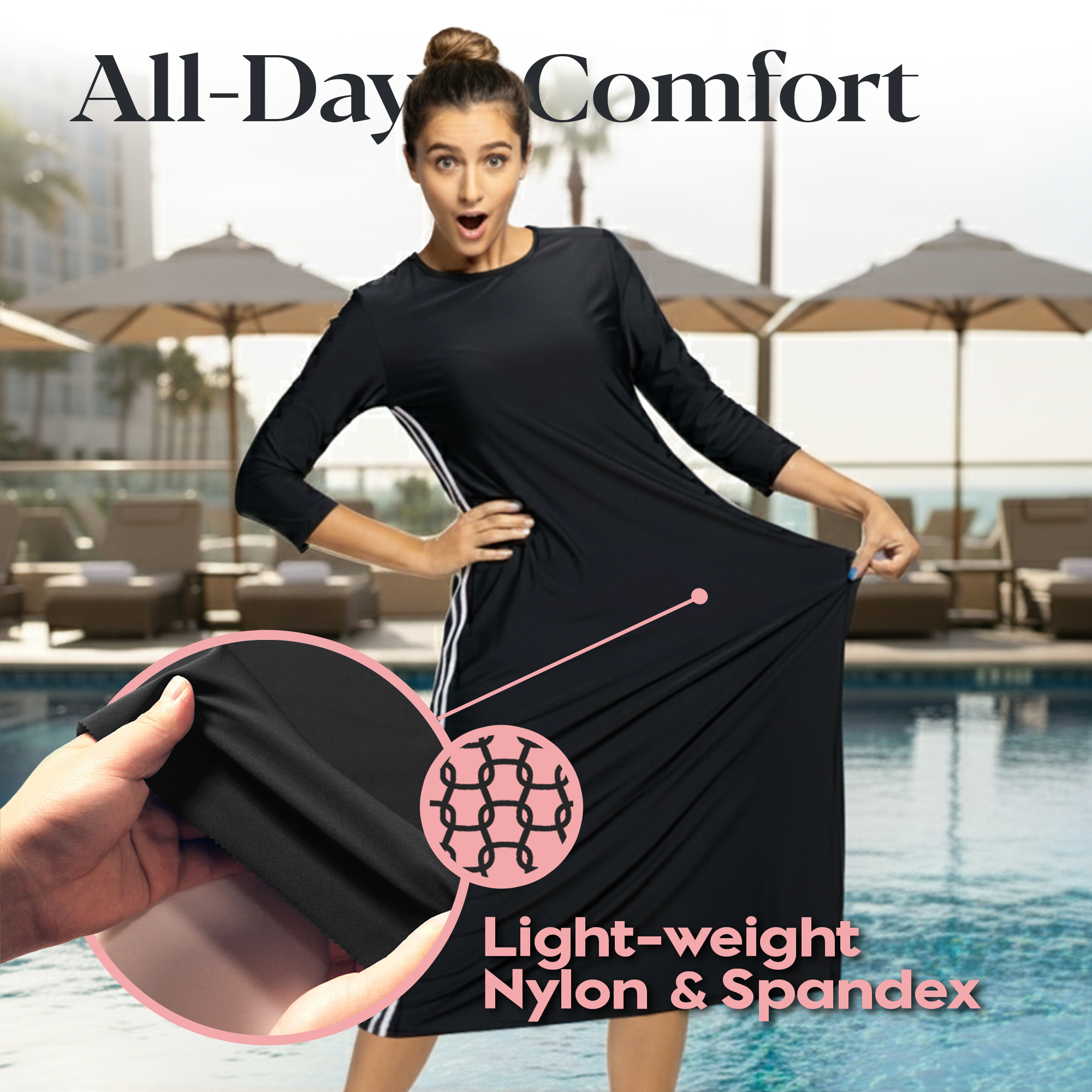 Woman Modest Tznius 3/4 Sleeve Athletic Swimdress Beach Cover up UPF 50+ Sun Protection (Reef in Black / White)