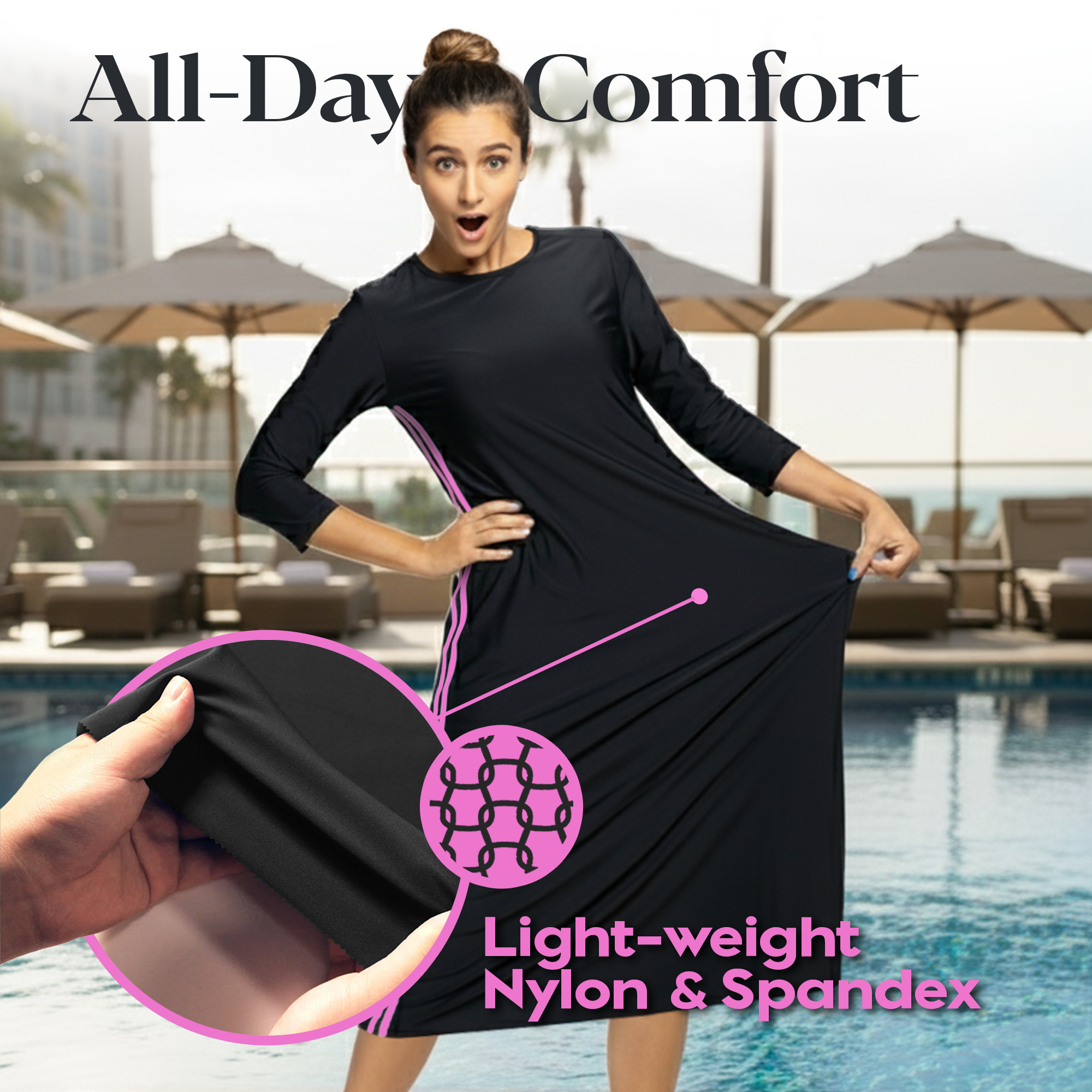 Woman Modest Tznius 3/4 Sleeve Athletic Swimdress Beach Cover up UPF 50+ Sun Protection (Reef in Black / Fuchsia)