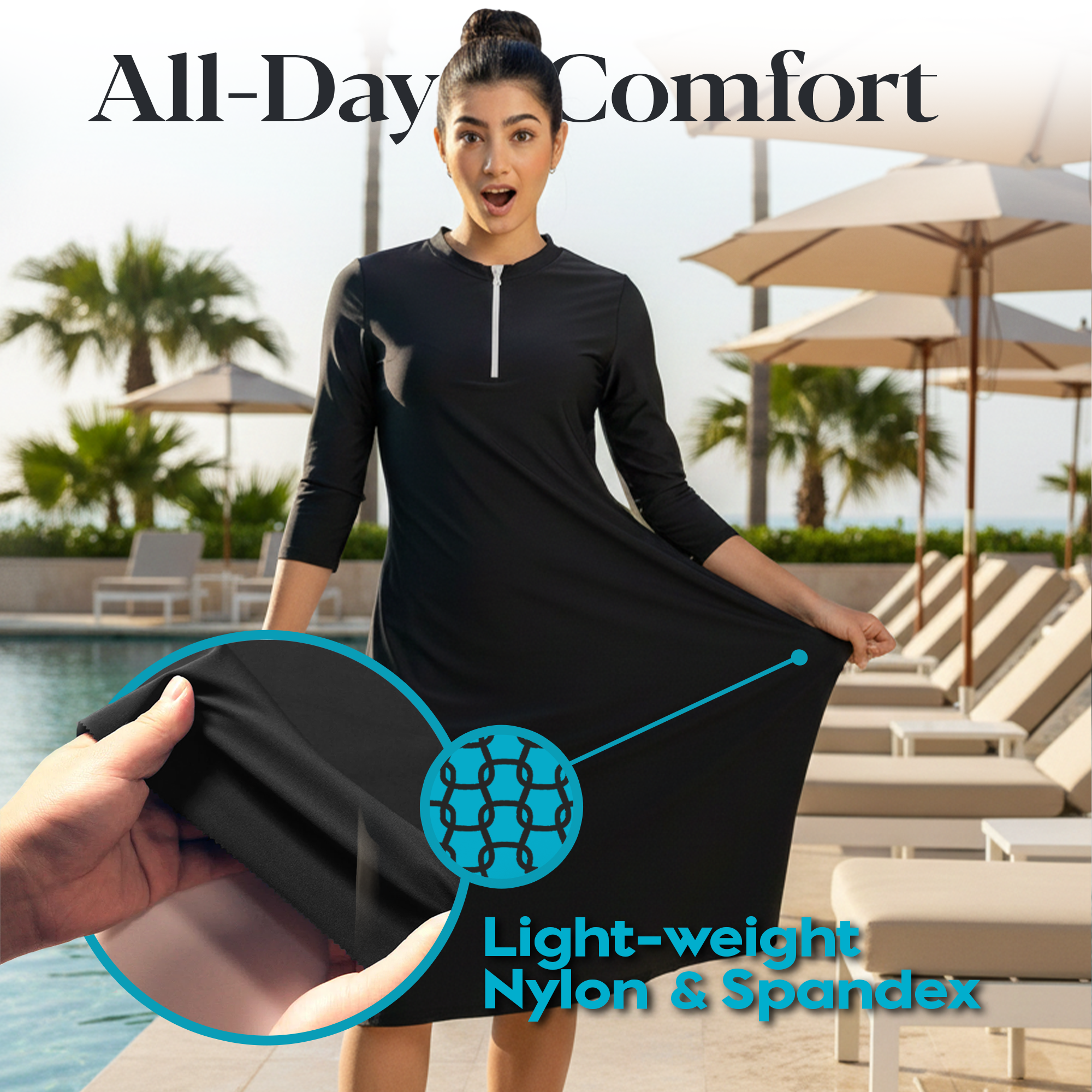 Woman Modest Tznius 3/4 Sleeve Athletic Swimdress Beach Cover up UPF 50+ Sun Protection (Bali in Black / White Zipper)