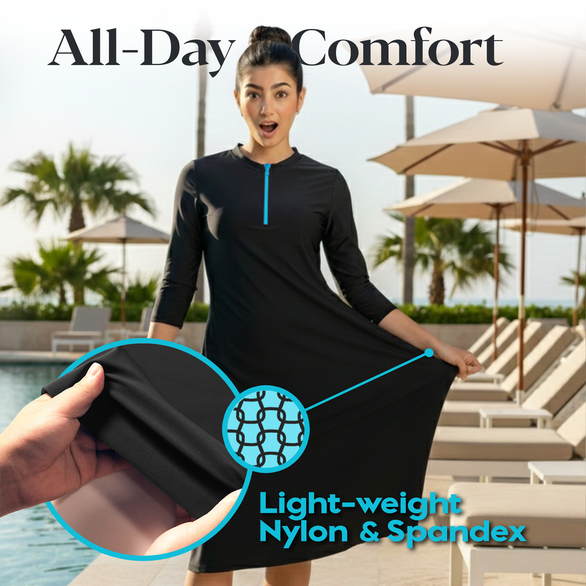 Woman Modest Tznius 3/4 Sleeve Athletic Swimdress Beach Cover up UPF 50+ Sun Protection (Bali in Black / Aqua Zipper)