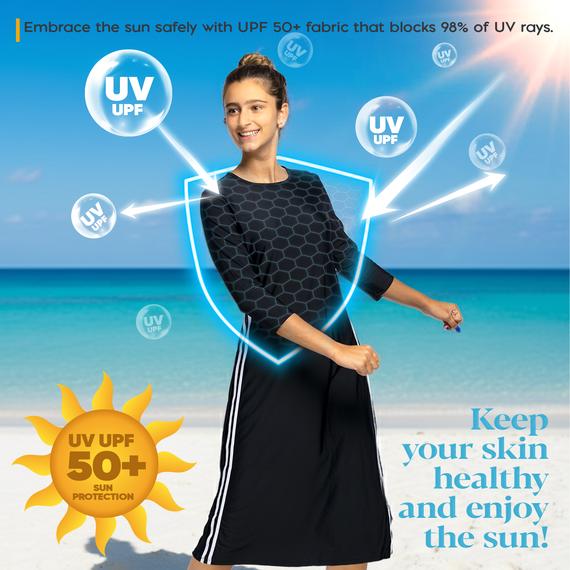 Woman Modest Tznius 3/4 Sleeve Athletic Swimdress Beach Cover up UPF 50+ Sun Protection (Reef in Black / White)
