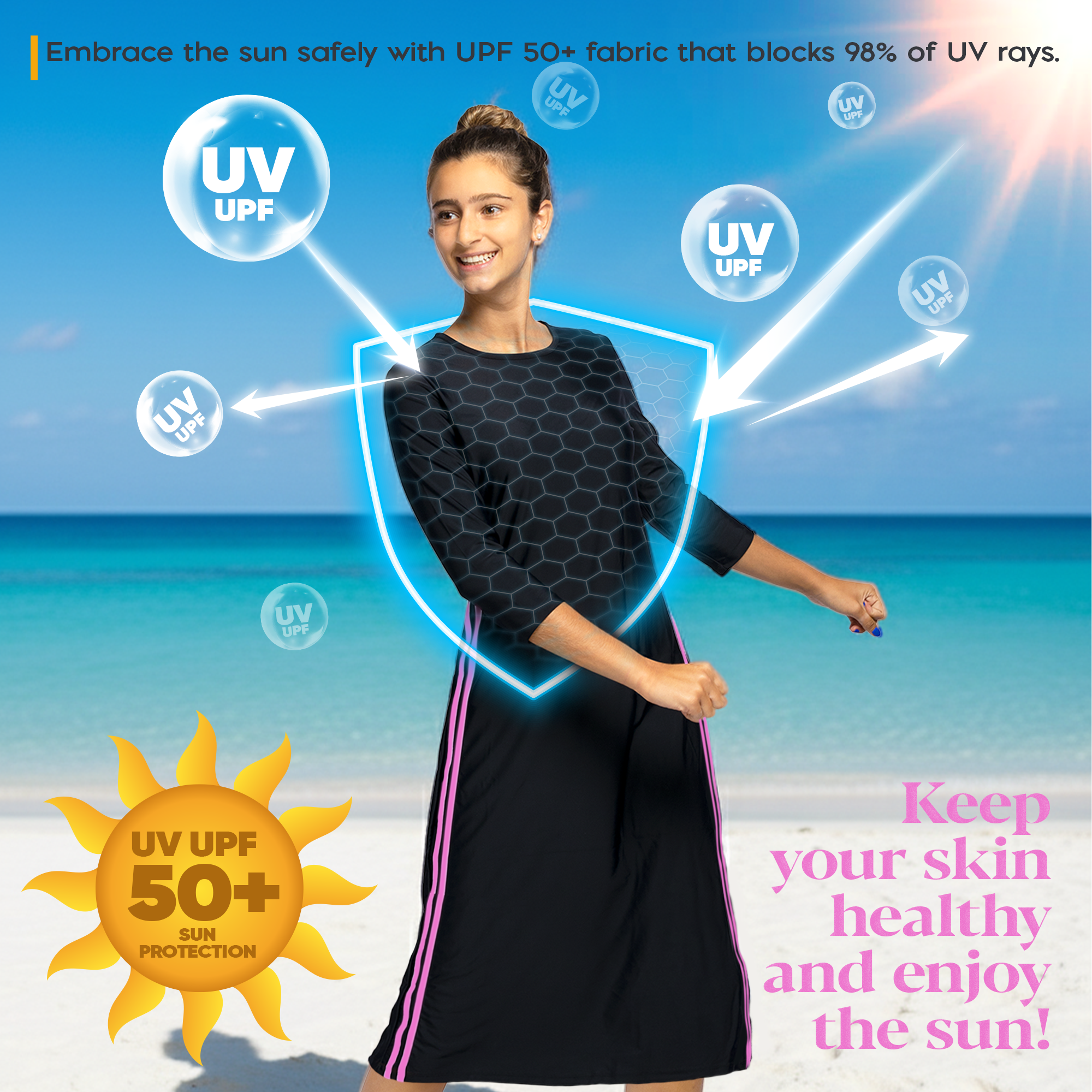 Woman Modest Tznius 3/4 Sleeve Athletic Swimdress Beach Cover up UPF 50+ Sun Protection (Reef in Black / Fuchsia)