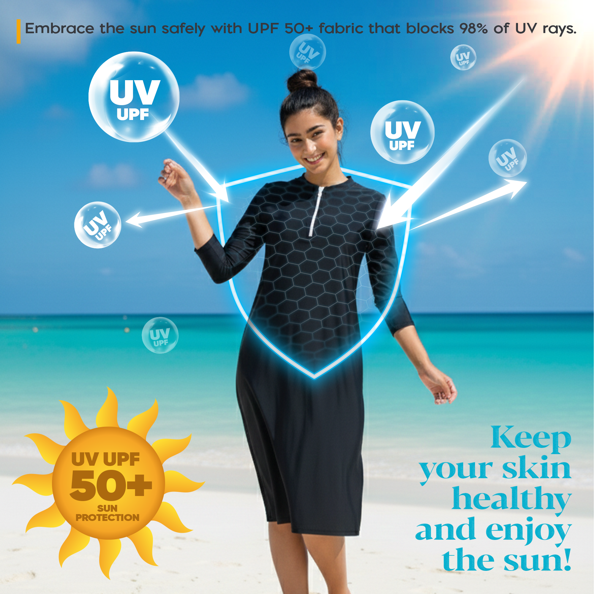 Woman Modest Tznius 3/4 Sleeve Athletic Swimdress Beach Cover up UPF 50+ Sun Protection (Bali in Black / White Zipper)